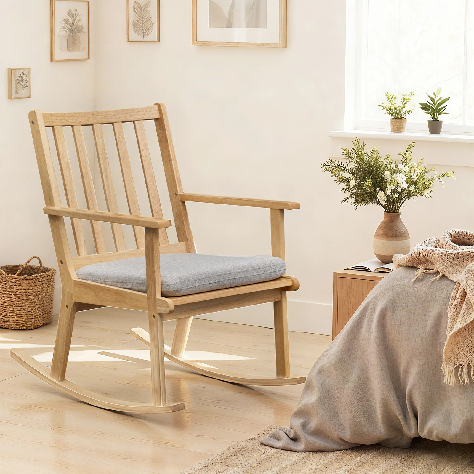LJG Rocking Chair with Cushion Solid Rubber Wood Rocker with Padded Seat