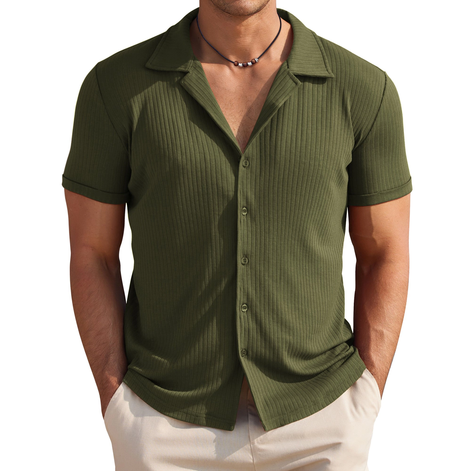 COOFANDY Mens Short Sleeve Button Down Shirt  Lapel V Neck Ribbed Casual Tops