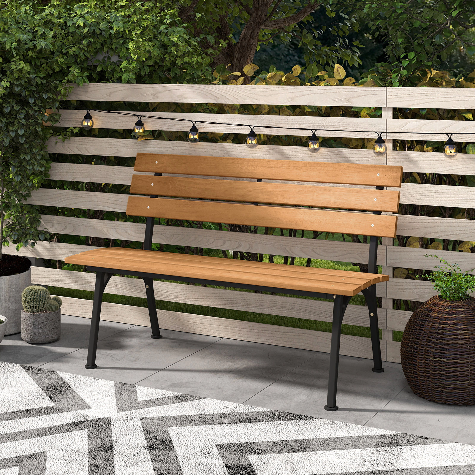 LJG 47 Inch Outdoor Acacia Wood Bench with Metal Frame and Slatted Seat