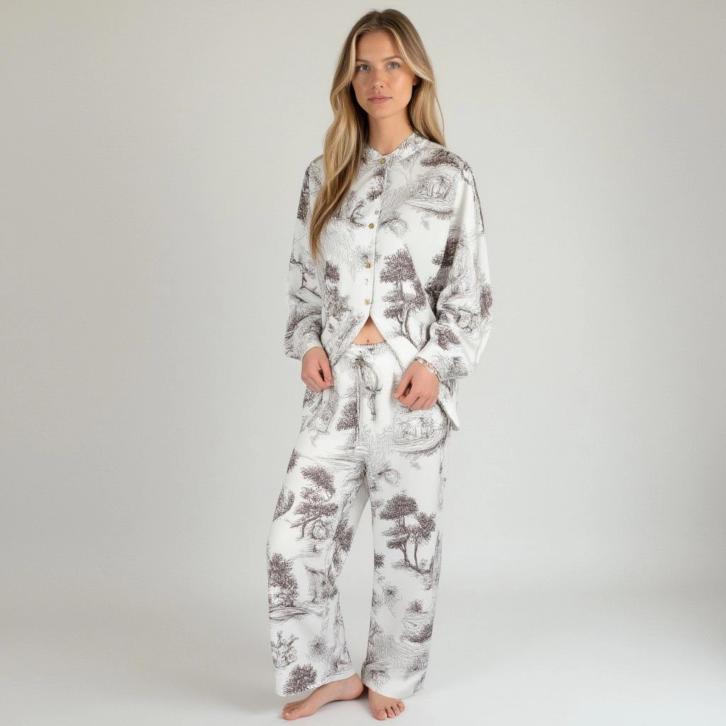 Anna-Kaci Women's Toile Print Button Up Pajama Set with Long Sleeve Top and Elastic Waist Drawstring Pants