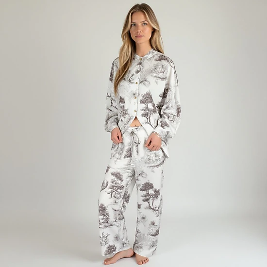 Anna-Kaci Women's Toile Print Button Up Pajama Set with Long Sleeve Top and Elastic Waist Drawstring Pants
