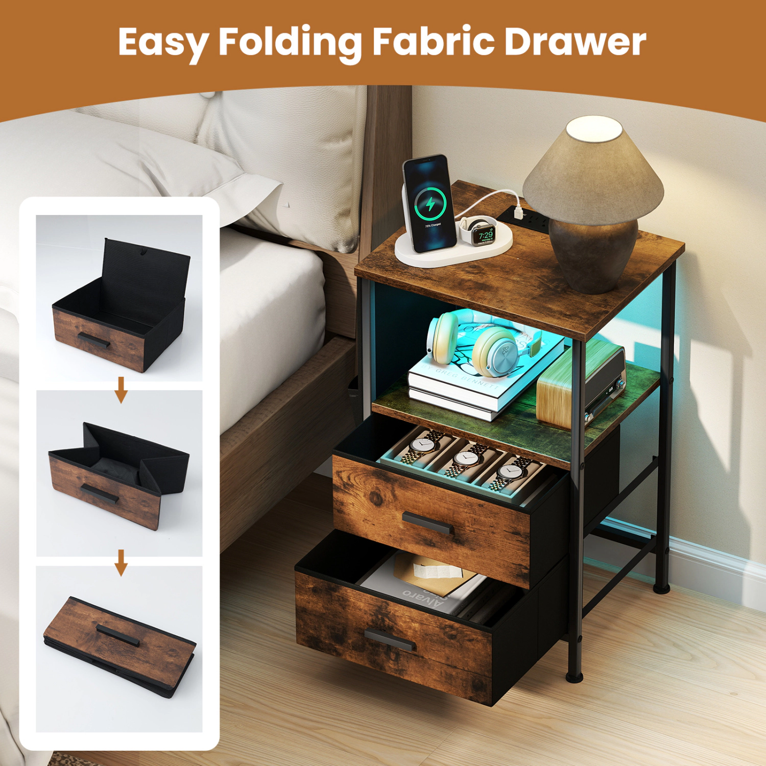 Glintex LED End Table with Charging Station and 2 Folding Fabric Drawers, Rustic Brown
