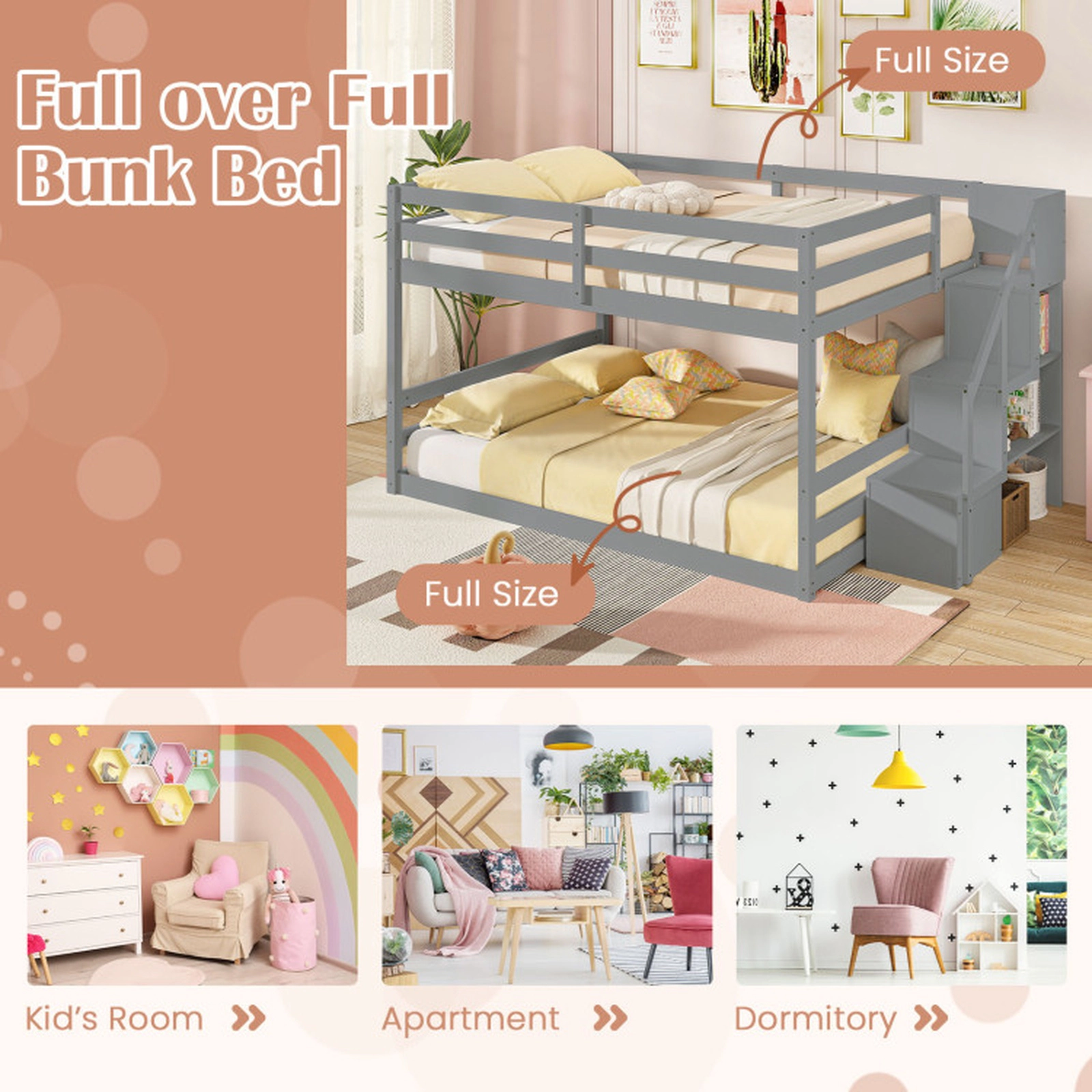 SUGIFT Kids Full Over Full Storage Stairs Solid Wood Low Bunk Bed 94.5-in x 56.5-in x 50.5-in 250-lb Capacity Gray