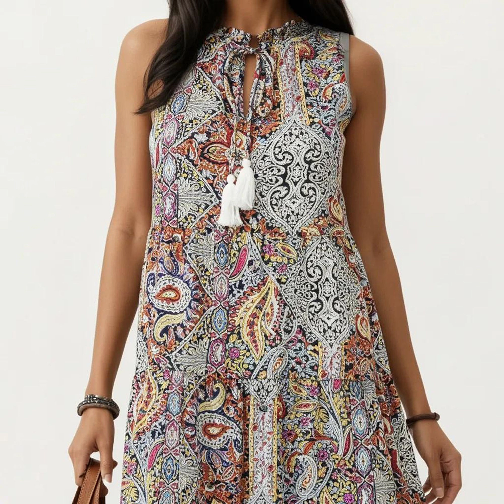 Anna-Kaci Women's Sleeveless Mixed Print Tie Neck Maxi Dress