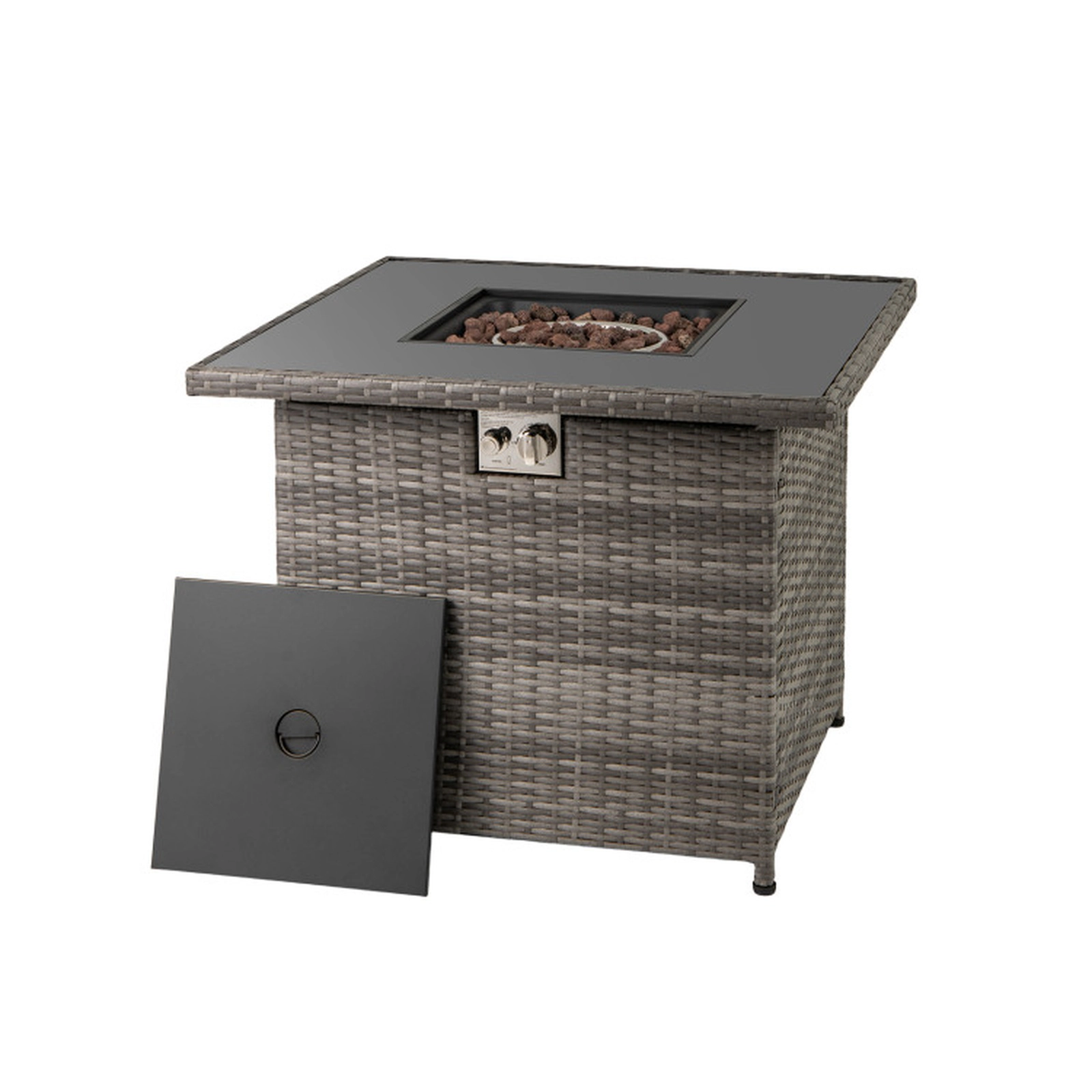 SUGIFT Square Gray Wicker Propane Fire Pit Table with Lid 32.5-in W 32.5-in D 26-in H 220-lb Tabletop Capacity