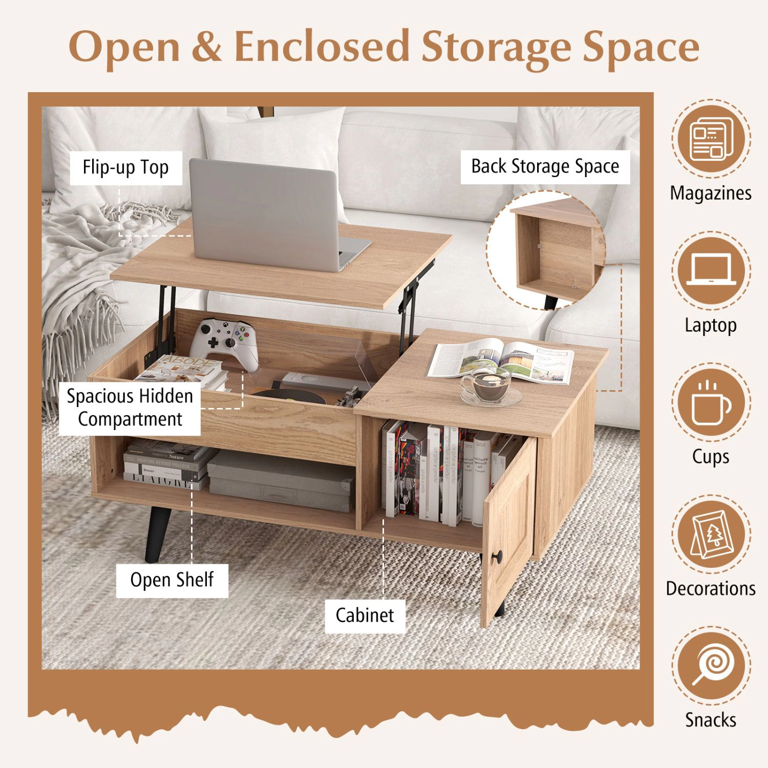 SlickBlue Lift Top Coffee Table with Storage Cabinet and Shelves