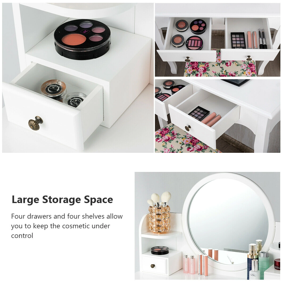SUGIFT 4-Drawer Makeup Vanity Table Set Girls Dressing Table Oval 14.5-in Mirror 286-lb Dresser 242-lb Stool Capacity