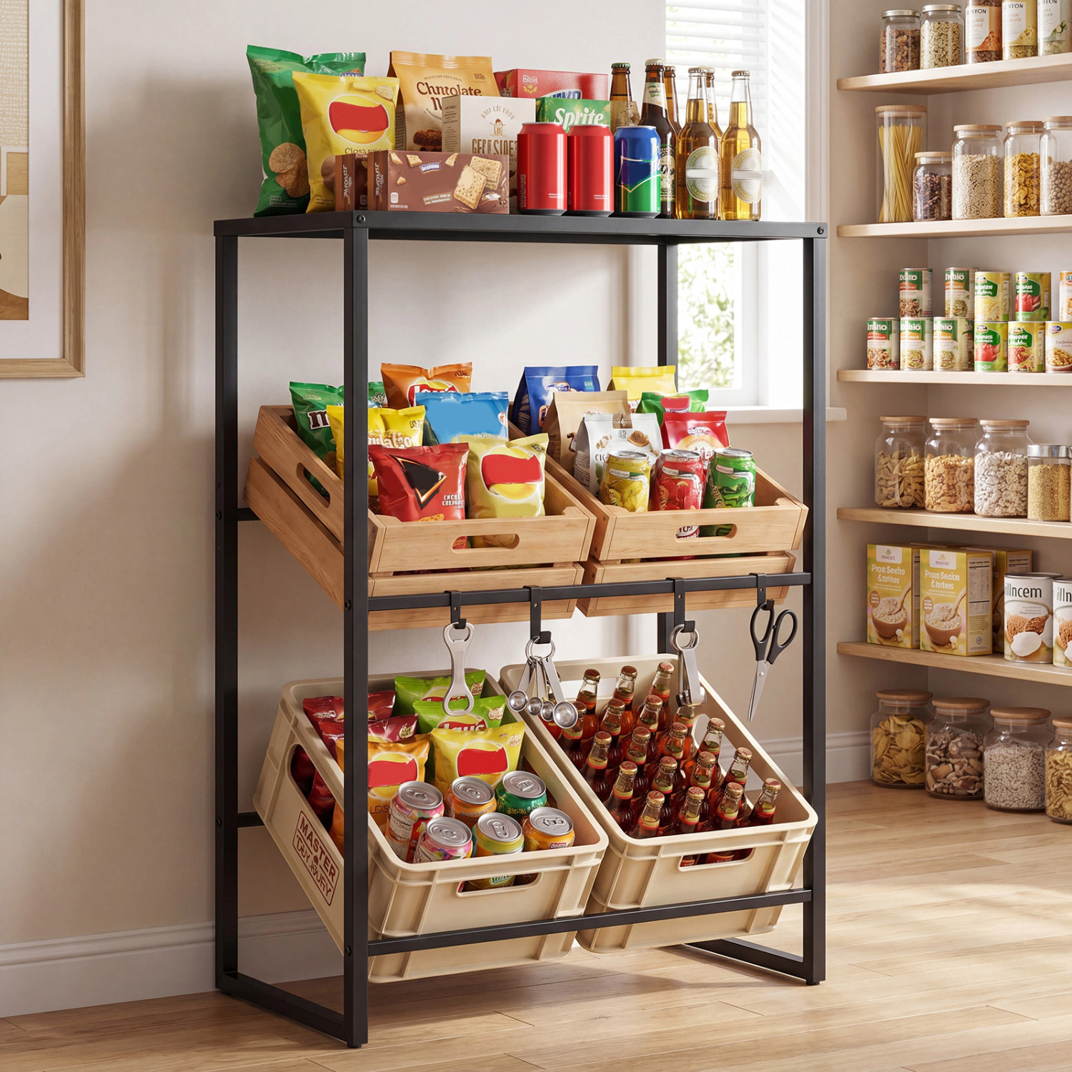 LJG 3-Tier Drink Crate Rack with Shelf for Beer and Water for Kitchen and Garage