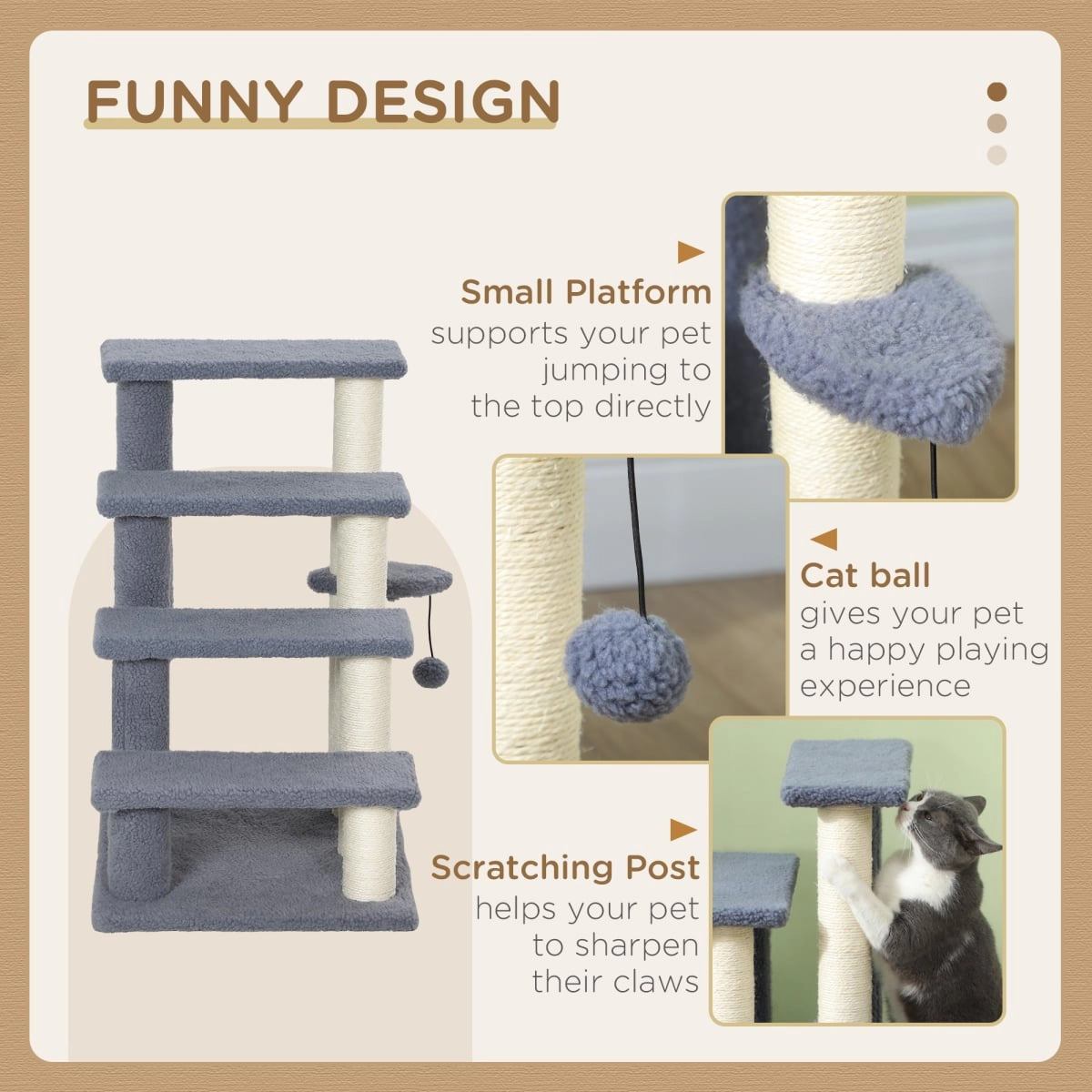 212 Main Paw Hut 4 Levels Cat Steps with Scratching Posts for High Bed, Sofa - Gray