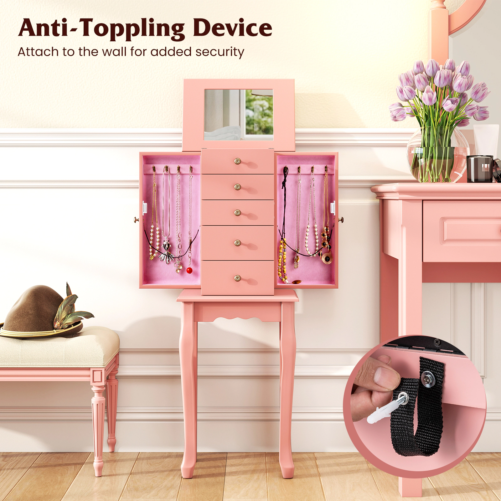 SlickBlue Jewelry Storage Cabinet with Mirror and 5 Drawers
