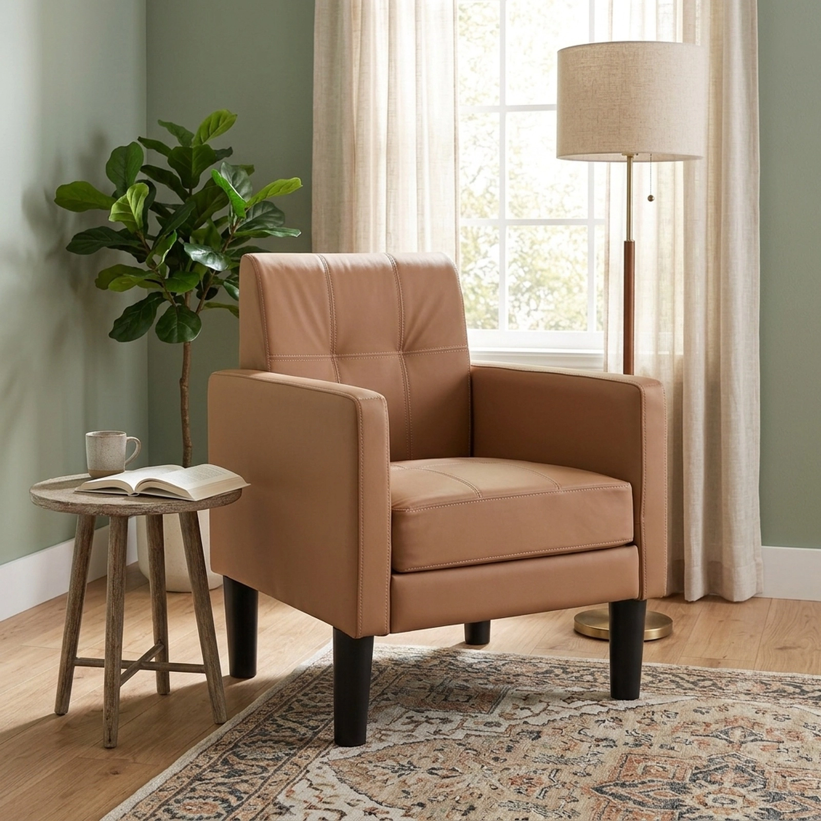 SUGIFT Brown PU Leather Accent Chair with Padded Arms, Removable Cushion, 350-lb Capacity