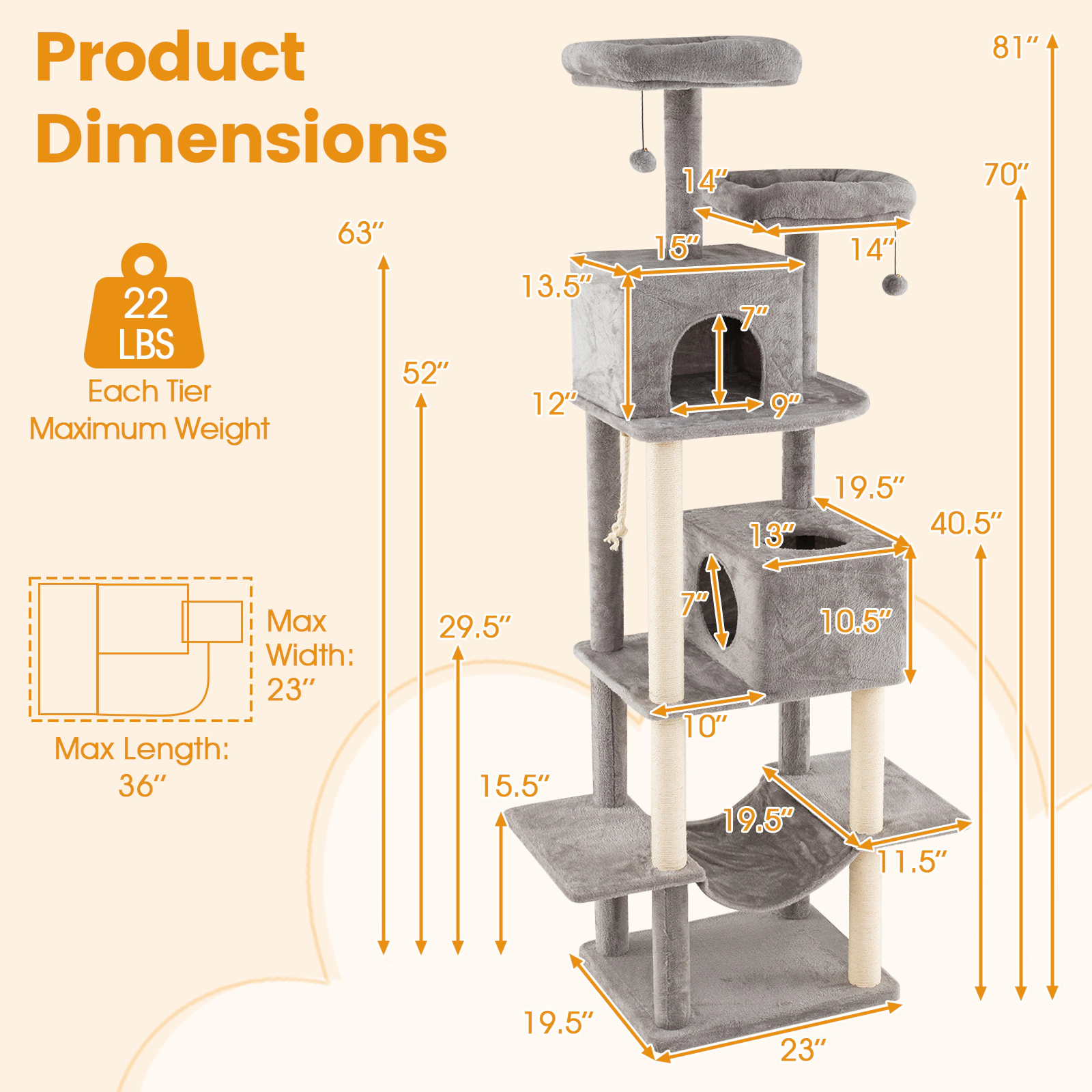 SUGIFT 84-in Large Cat Tree with 2 Condos, Hammock and Soft Plush Perches 22-lb Tier Capacity 36-in Wide Gray