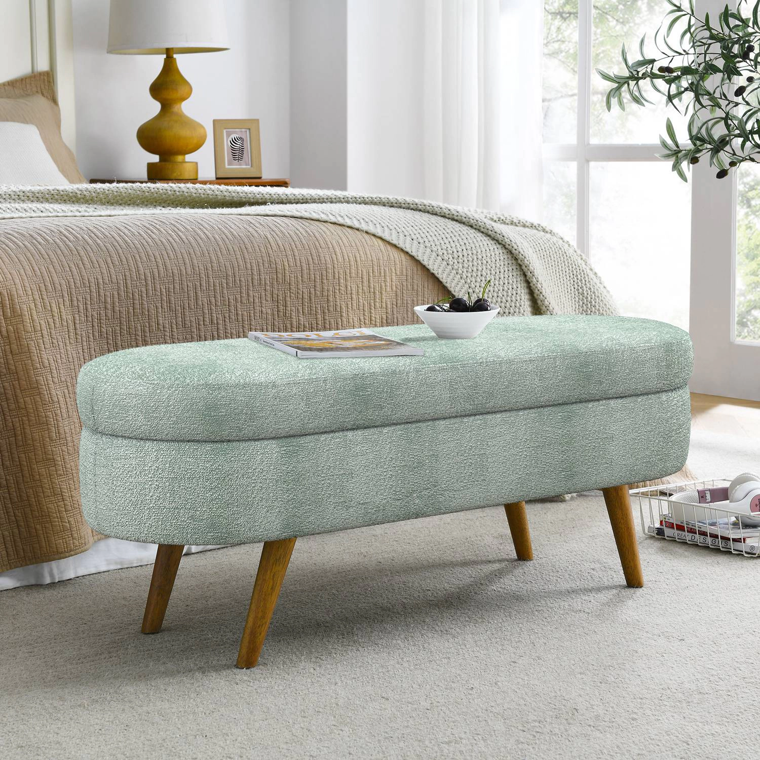 GBruno Oval Storage Ottoman Bench With Rubberwood Legs