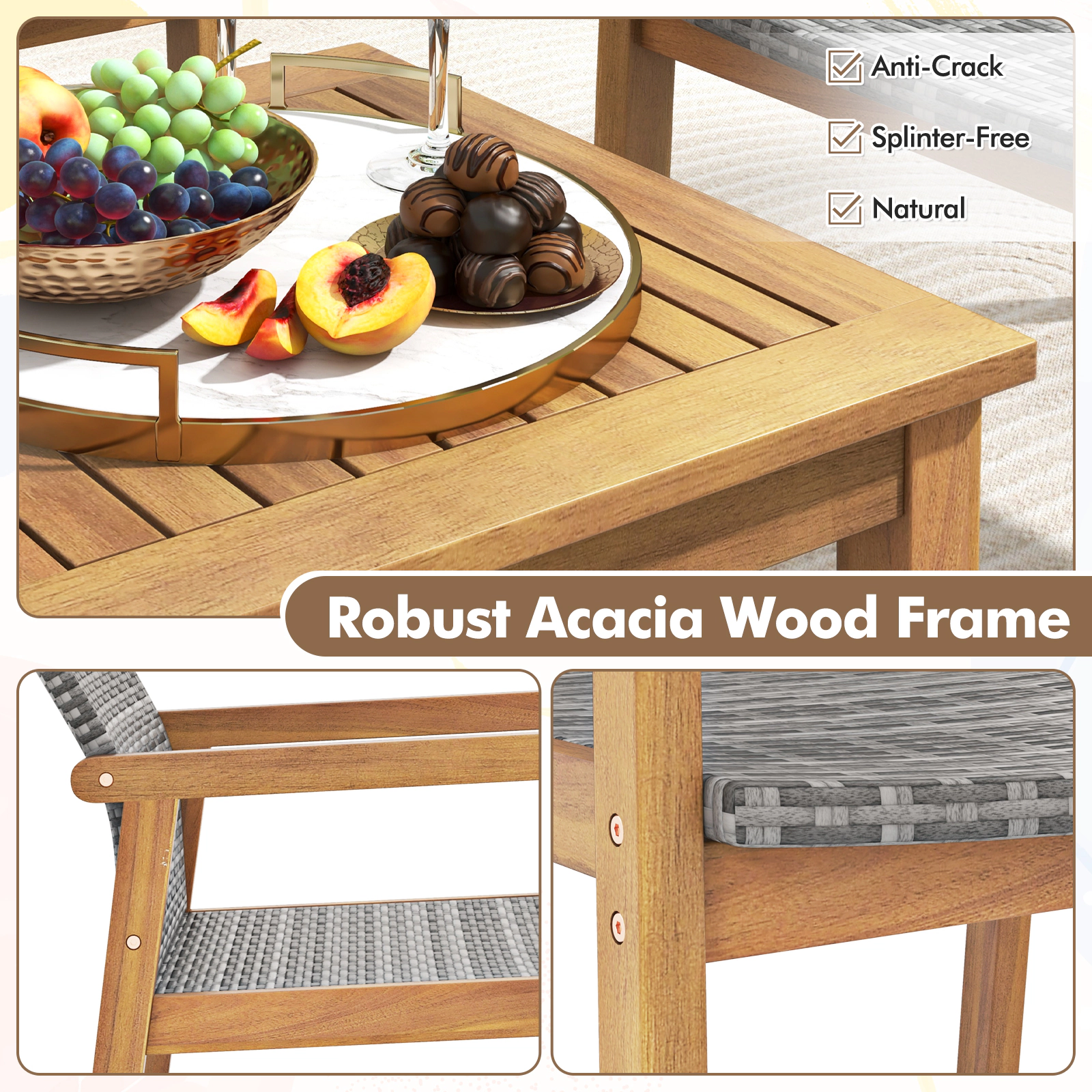 SUGIFT 3-Piece PE Rattan and Acacia Wood Patio Conversation Set with Coffee Table 400-lb Chair Capacity Mix Gray