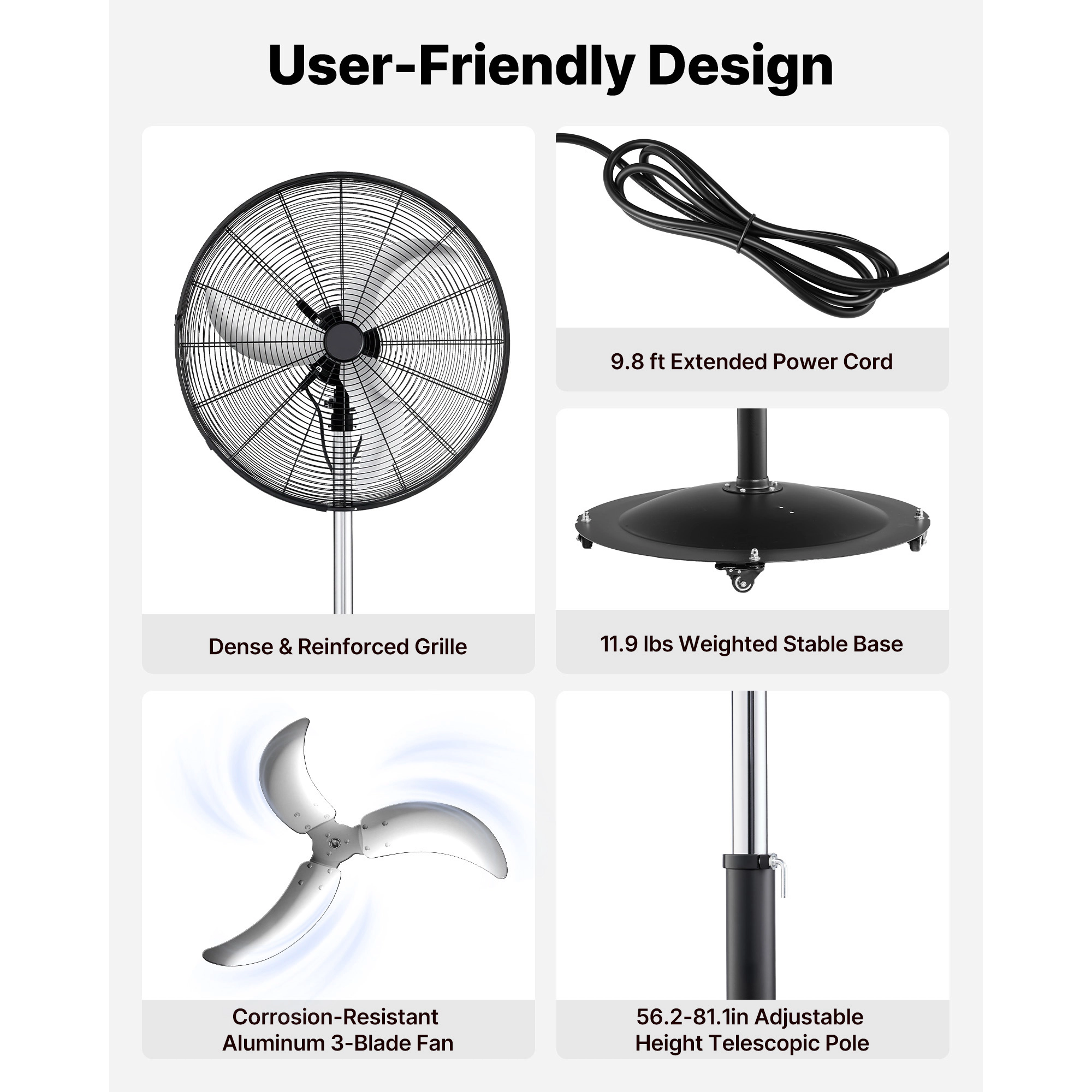 HONGGE High Velocity Pedestal Fan, Industrial Standing Floor Fan, 3-Speed Adjustable Height, Oscillating, for Commercial