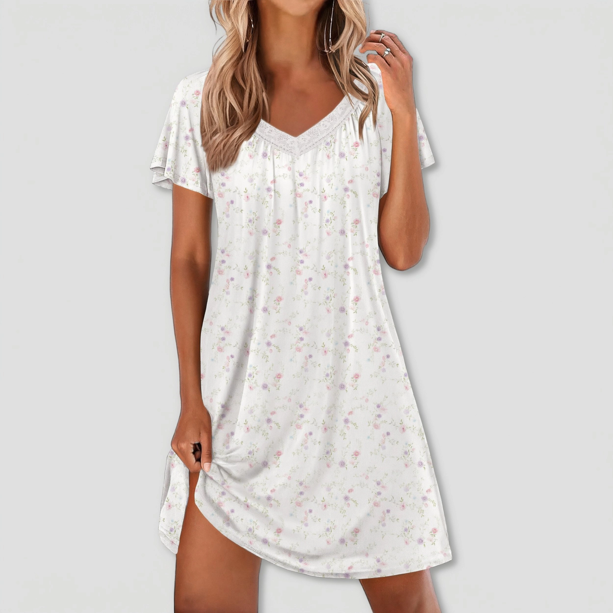 Ekouaer Womens Nightgown Lace Trim V Neck Sleep Shirt Flare Short Sleeve Night Gown Pleated