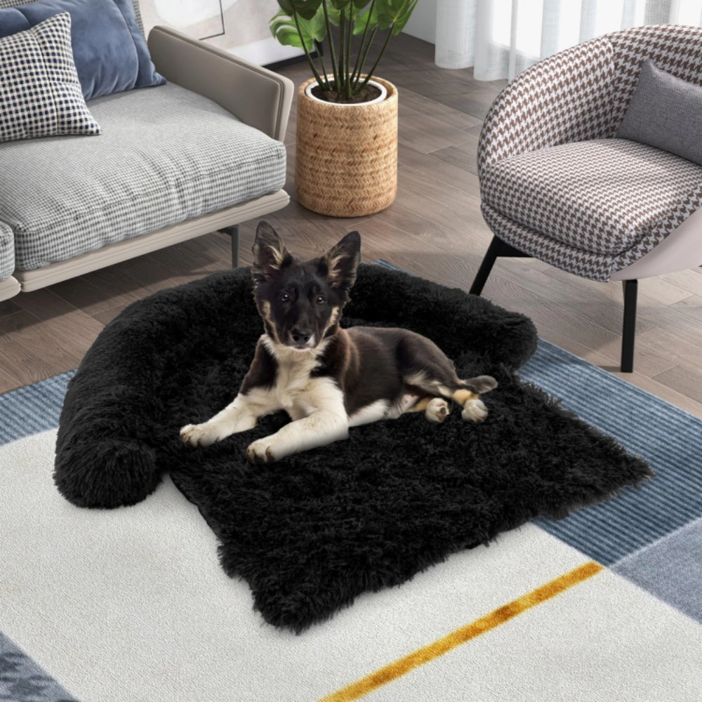 SUGIFT Plush Calming Dog Couch Bed with Removable Bolster Pet Bed 66-lb Capacity 44 x 40 x 7 in Black