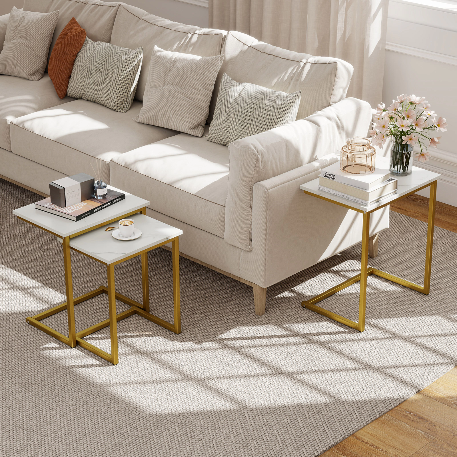 SUGIFT 3-Piece Stackable C-Shaped Coffee and End Table Set 44-lb Capacity MDF and Steel Frame 20-in Large White