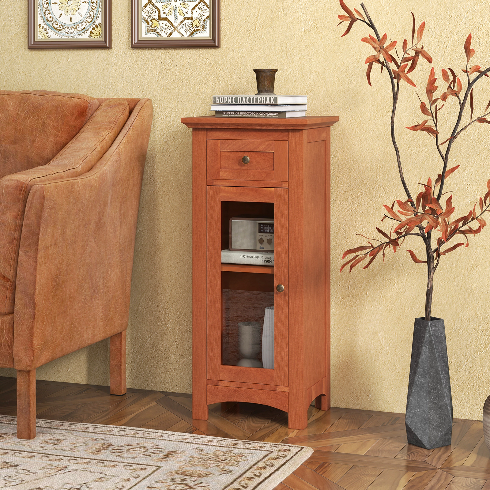 Slickblue Bathroom Floor Storage Cabinet Brown MDF Glass Door Drawer Adjustable Shelf