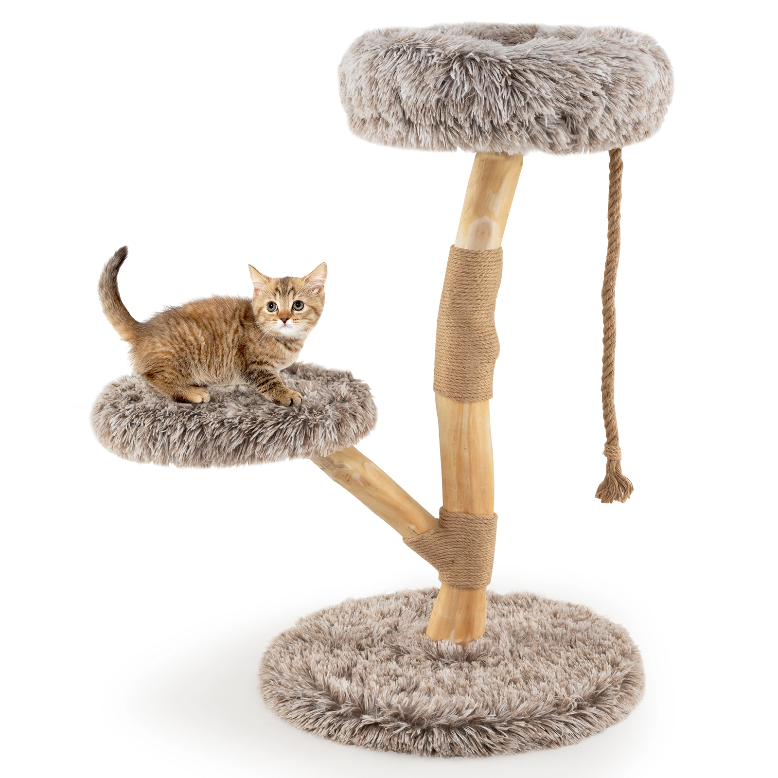 SUGIFT 35.5-in Tall 3-Tier Cat Tree Tower with 19.5-in Round Base Jute Rope Columns and Removable Cushions