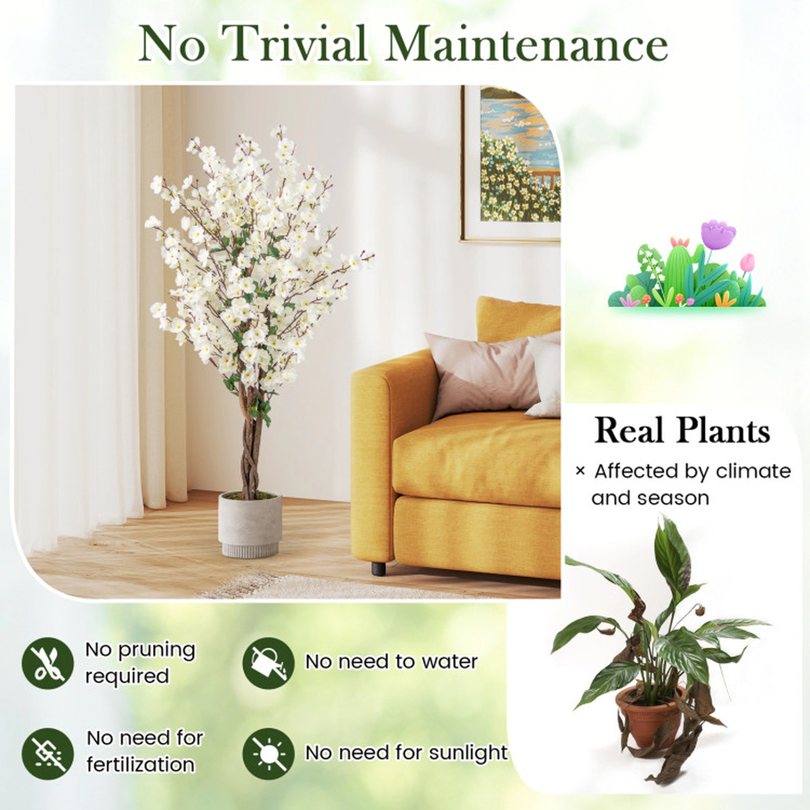 SUGIFT 47-in Fabric Flowers Solid Wood Trunk Cement Filled Pot Faux Plum Blossom Tree 6-in x 5-in Pot 9-lb White