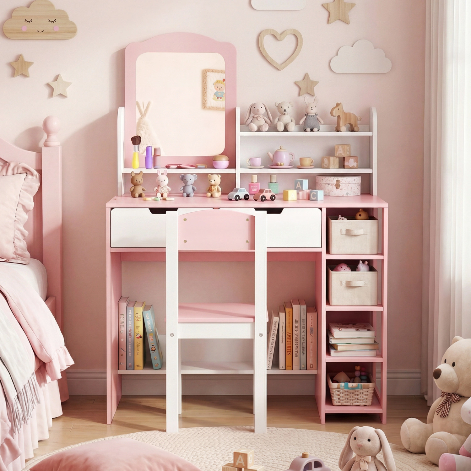 Hivvago Kids Vanity Set With Chair And Mirror Makeup Dressing Desk With Storage Shelves And Drawers