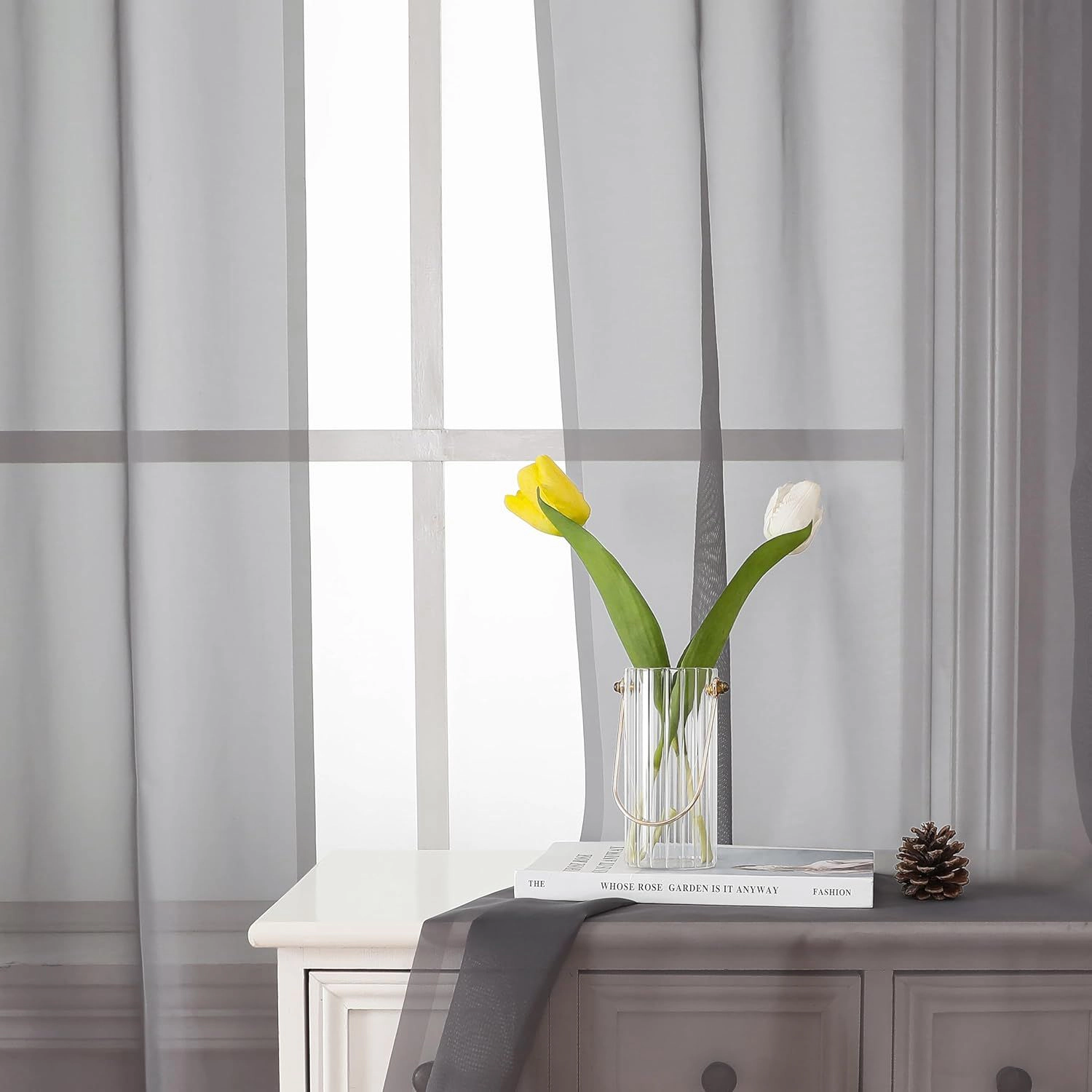 Kate Aurora 2 Piece For Extra Long Windows Rod Pocket Gray Rod Pocket Sheer Curtain Panels - 95 in. Long