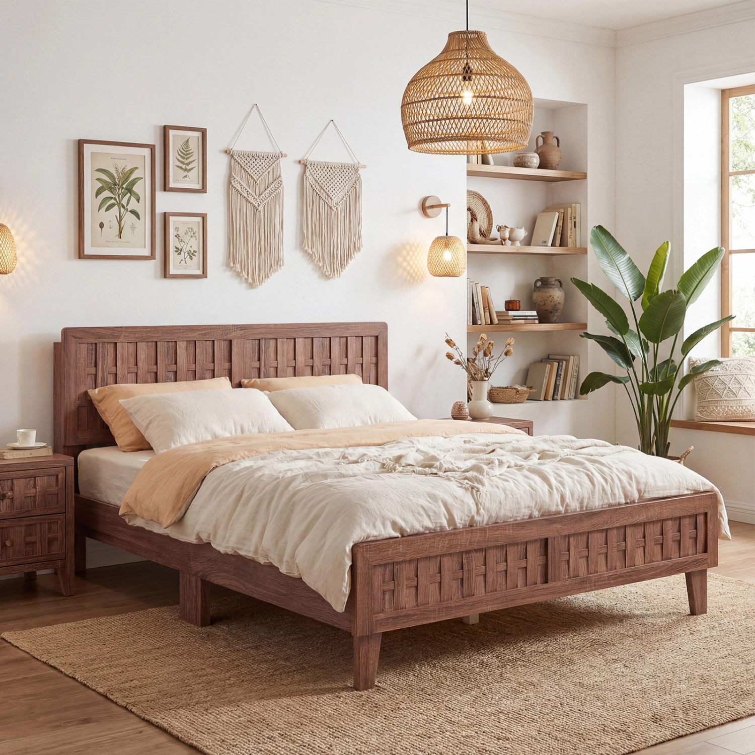 LJG Mid Century Queen Size Bed Frame with Woven Accent Headboard