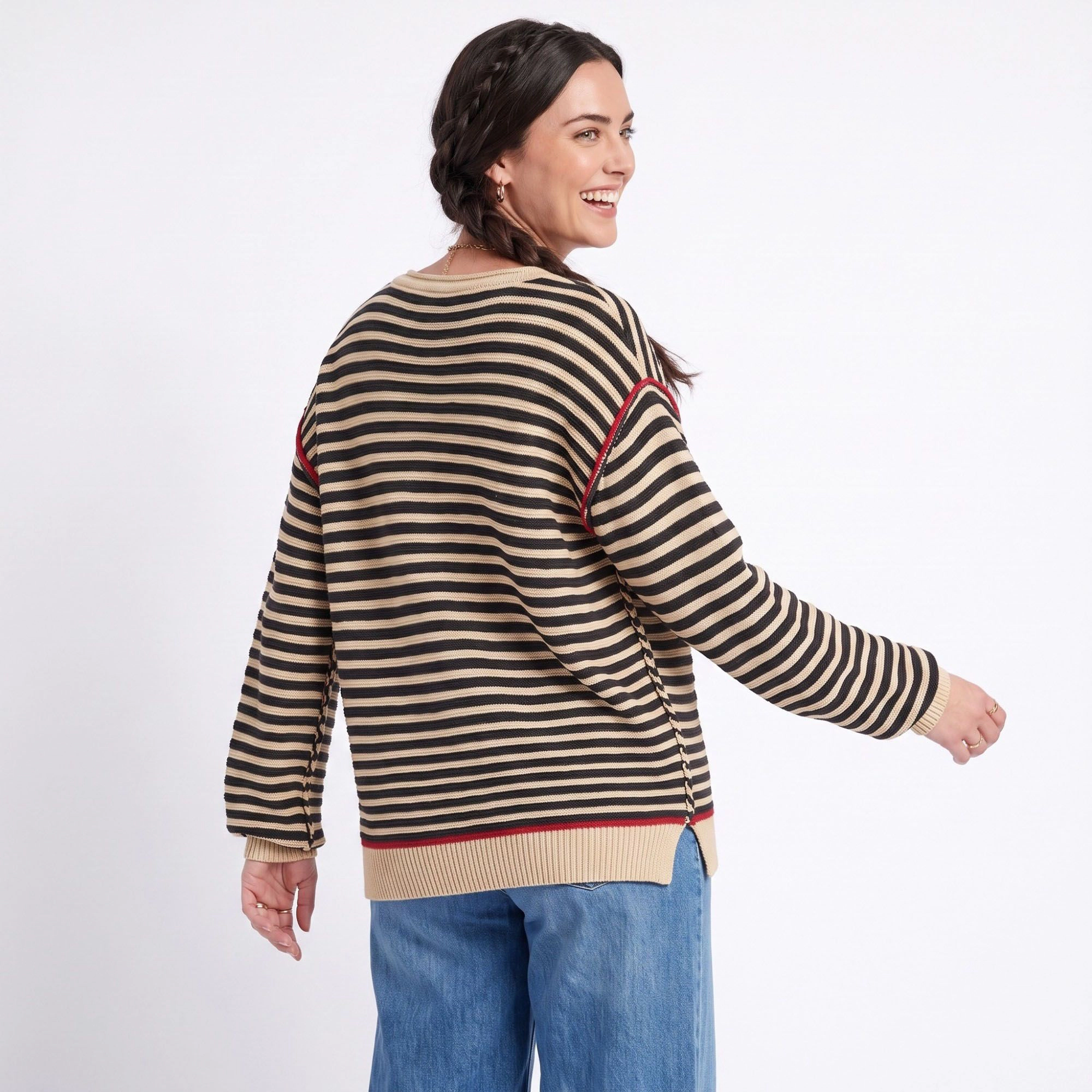 Anna-Kaci Women's Striped Contrast Trim Drop Shoulder Long Sleeve Knit Sweater