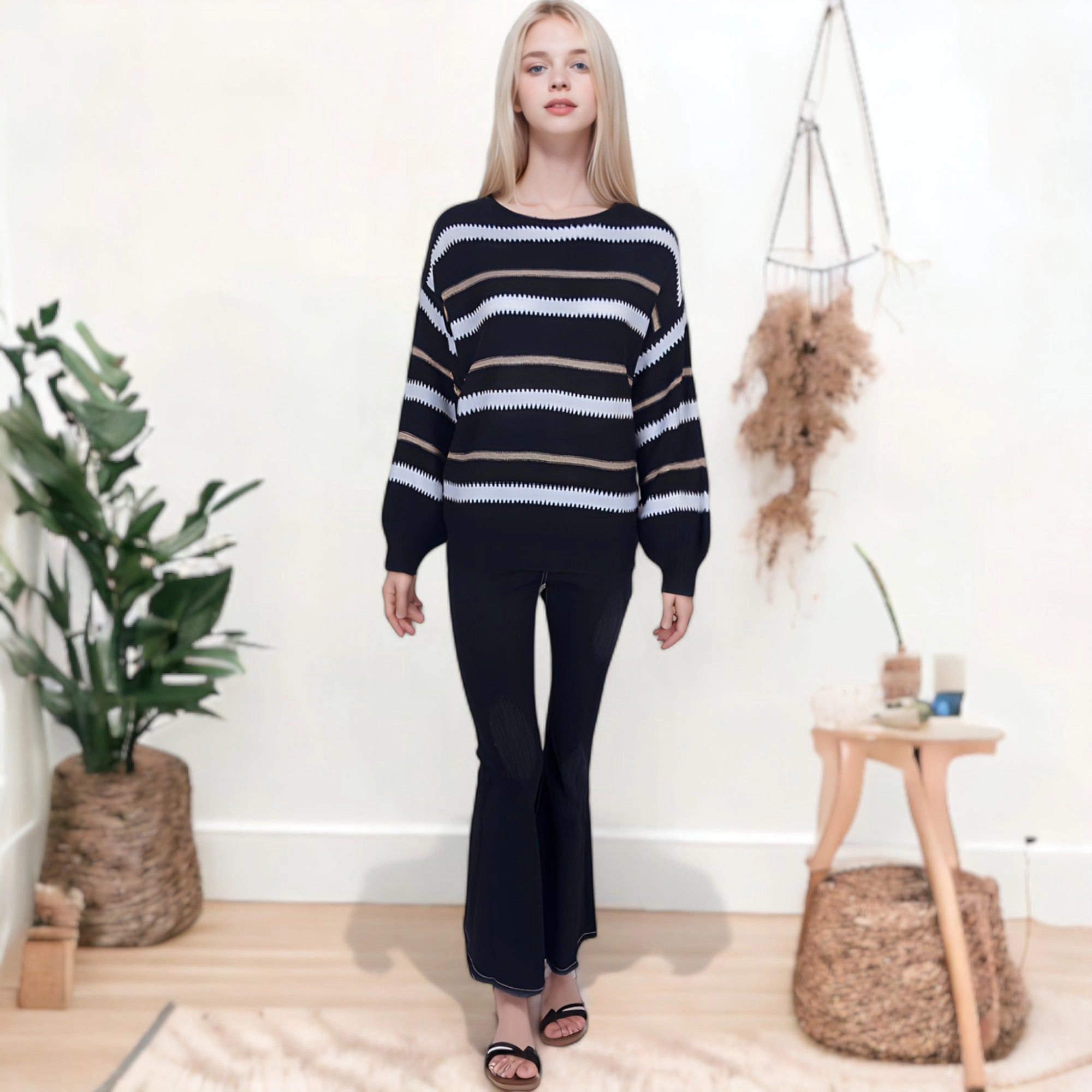 Anna-Kaci Women's Sweaters Long Sleeve Crew Striped Oversized Knitted Pullover Tops for Everyday Wear