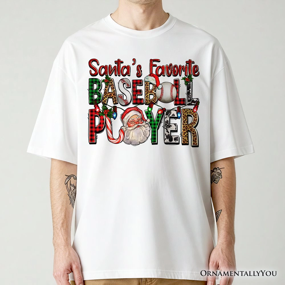 OrnamentallyYou Mens Santa's Favorite Baseball Player Plaid Christmas T-Shirt