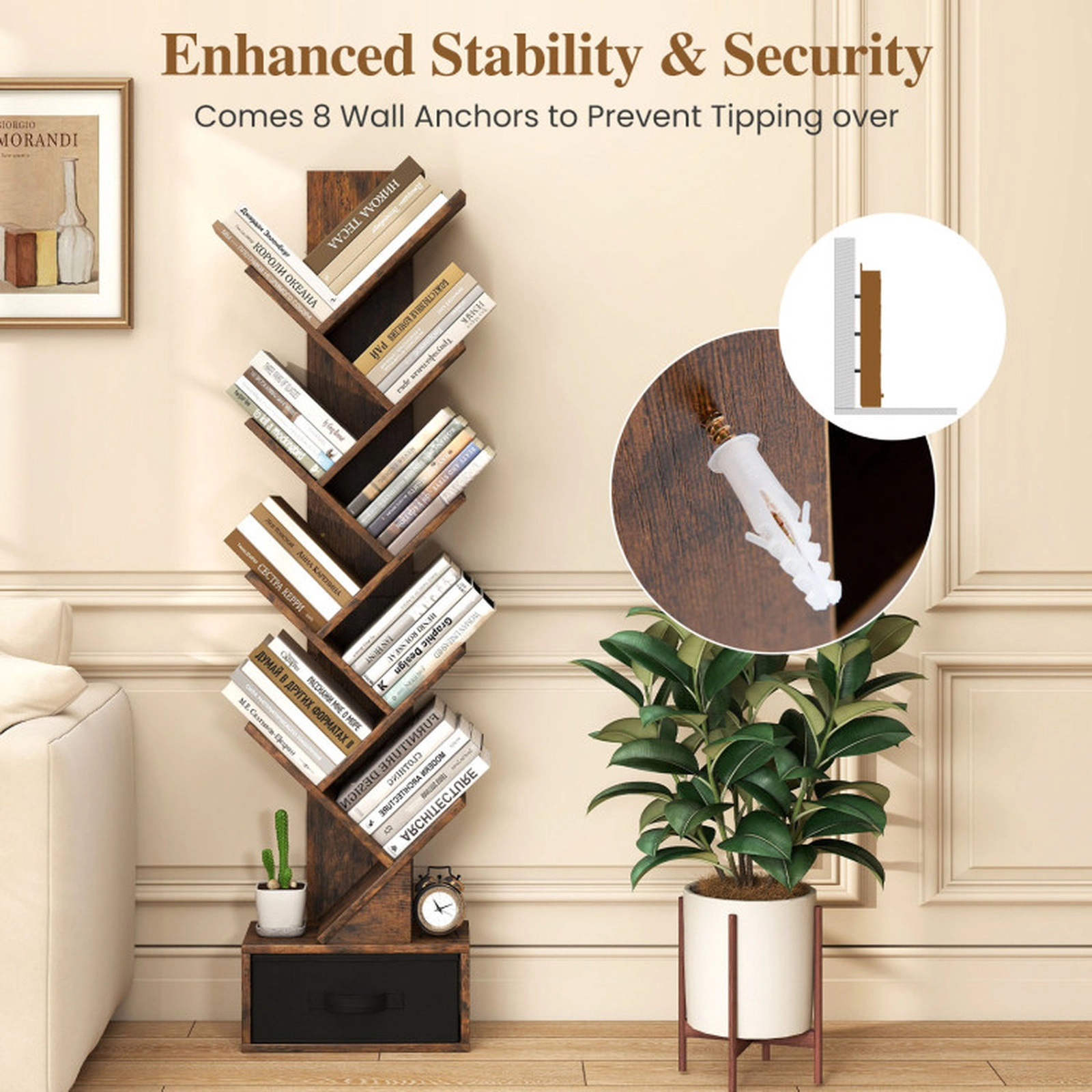 SUGIFT 10-Tier Tree Bookshelf with Drawer Freestanding Storage Bookcase 58.5-in Tall 100-lb Capacity Rustic Brown Black