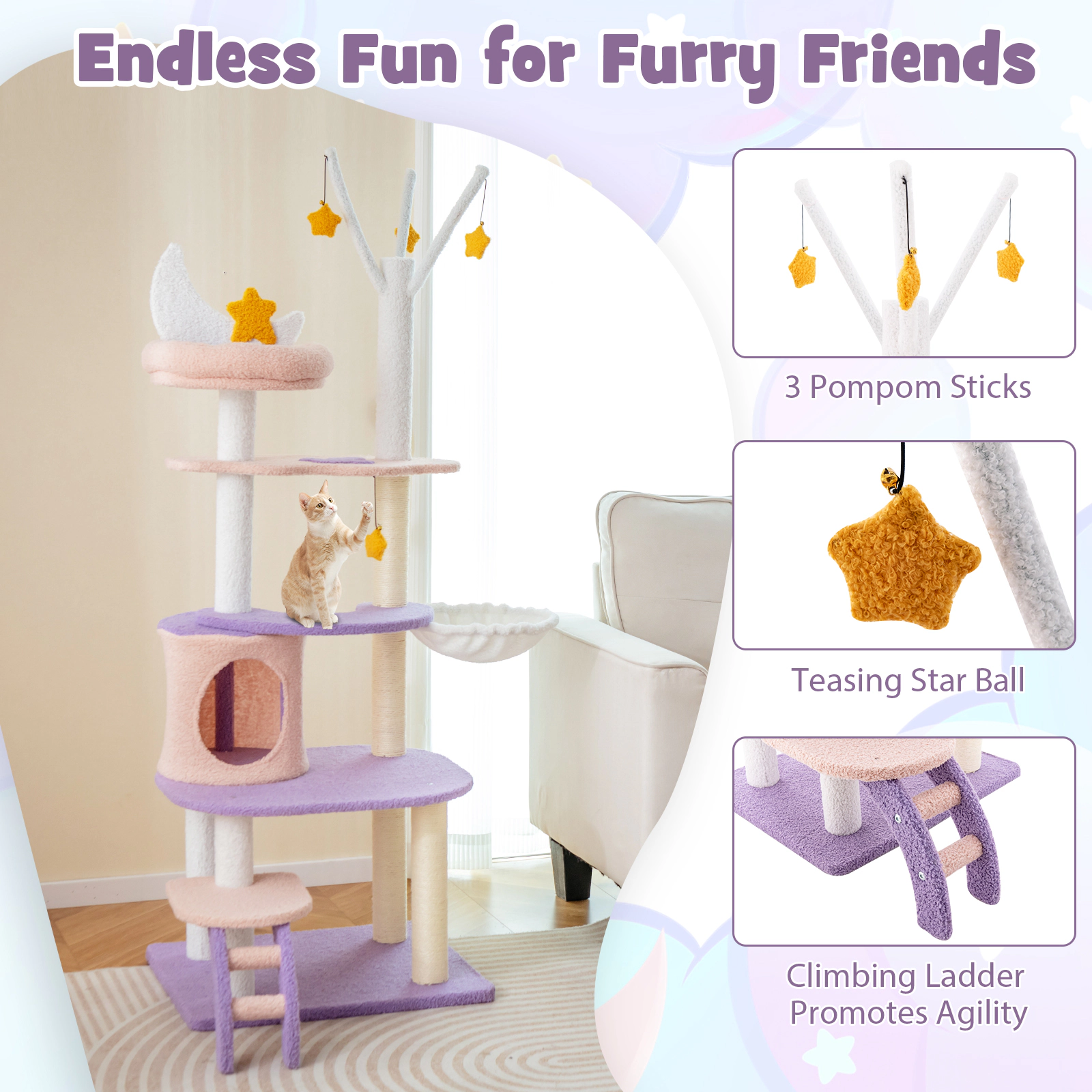 SUGIFT Multi-level Cat Tree Tower Sisal Covered Scratching Posts 33-lb Each Layer & 22-lb Hammock Capacity Purplish Pink
