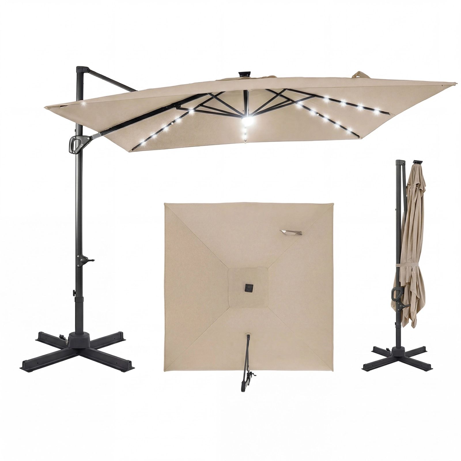 SUGIFT Solar LED Cantilever Patio Umbrella with Crank Lift 10-ft Canopy with 360-Degree Rotation and Tilt Beige