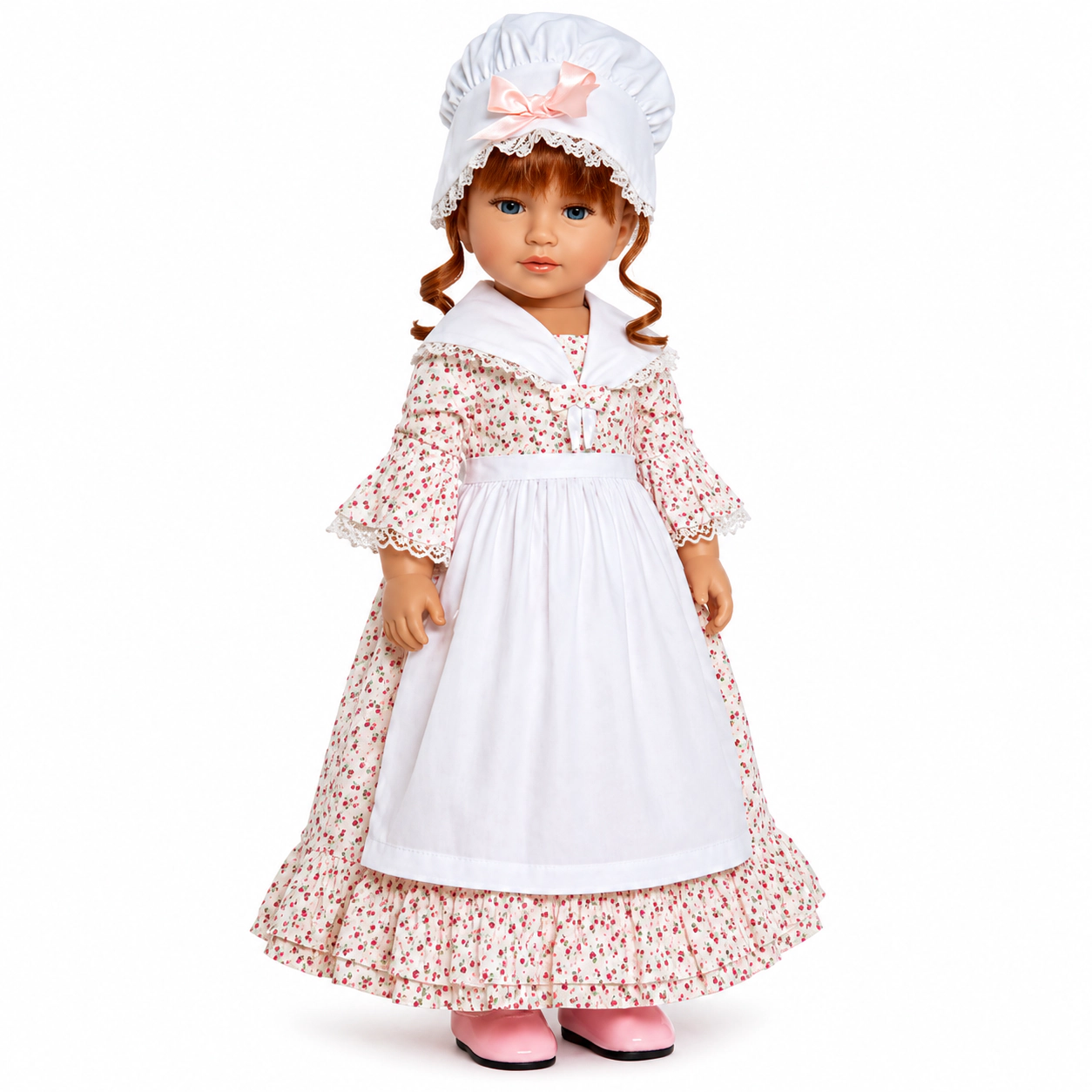 MBD Girl Doll Dress- 18 Inch Doll Colonial Floral Gown with Apron & Bonnet – Vintage Prairie Dress Outfit