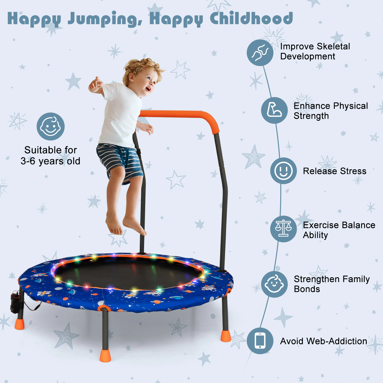 SUGIFT Blue Colorful LED Lights and Bluetooth Speaker 36 Inch Kids Mini Trampoline