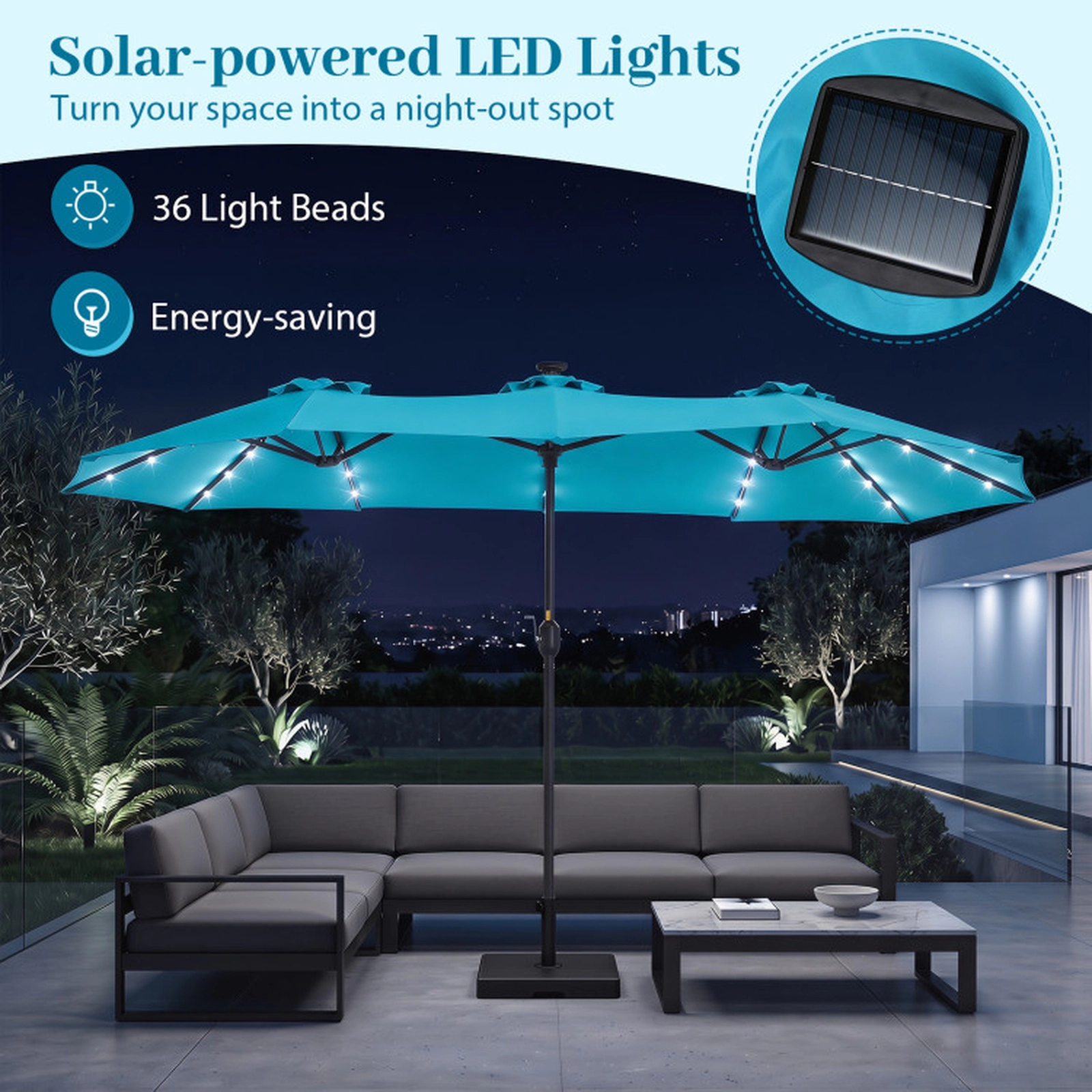 SUGIFT Double-Sided Patio Market Umbrella with 36 Solar LED Lights 13-ft Canopy Turquoise