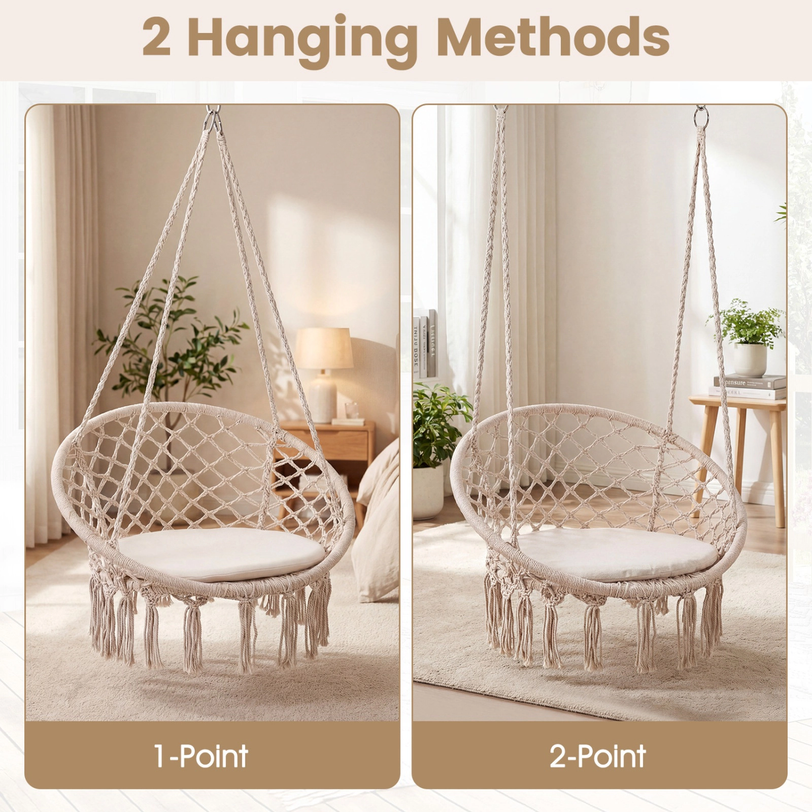 SUGIFT Macrame Swing Chair Hammock Chair with Round Seat Cushion 330-lb Capacity Beige