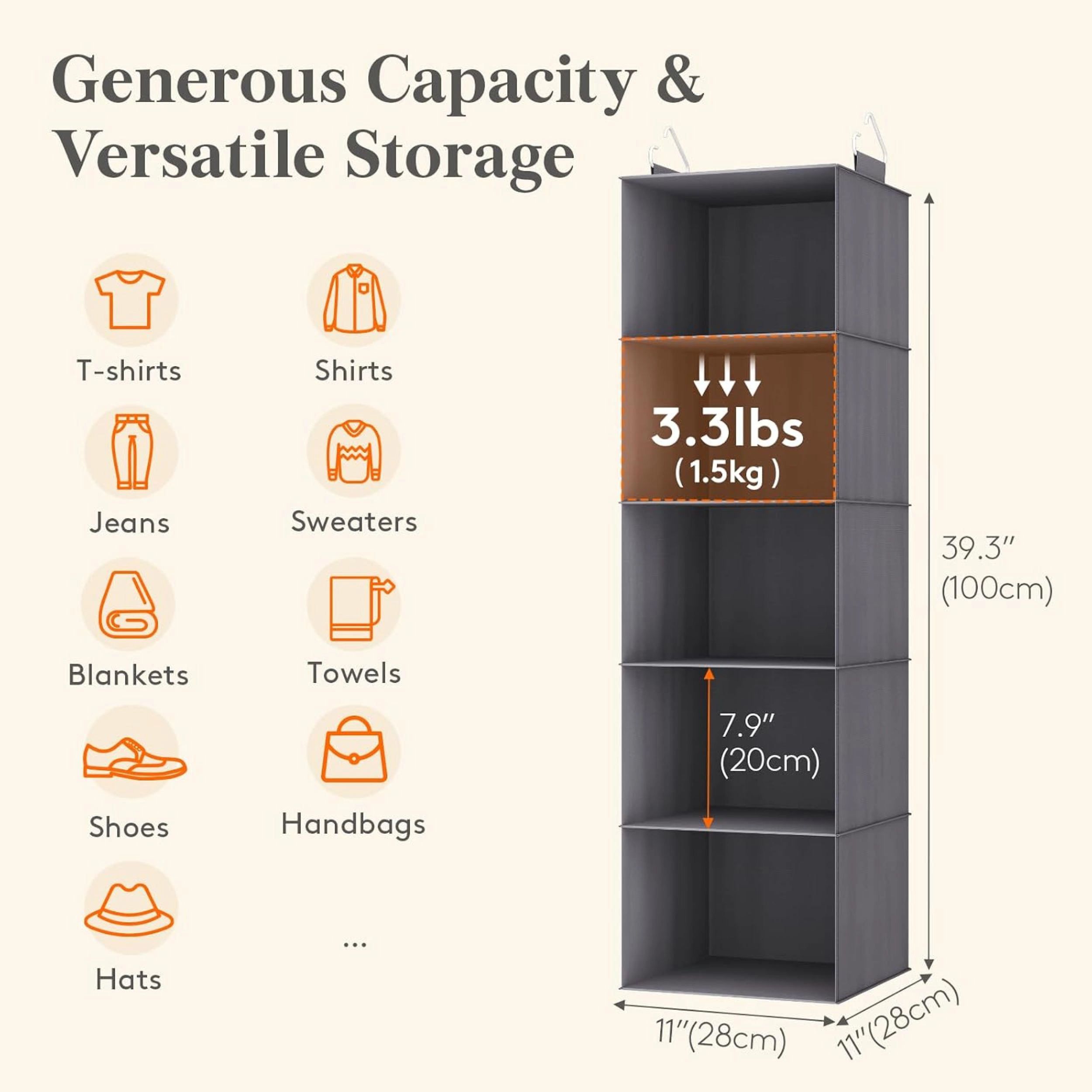 Stock Preferred 5 Tier Foldable Fabric Hanging Closet Organizer with Hooks