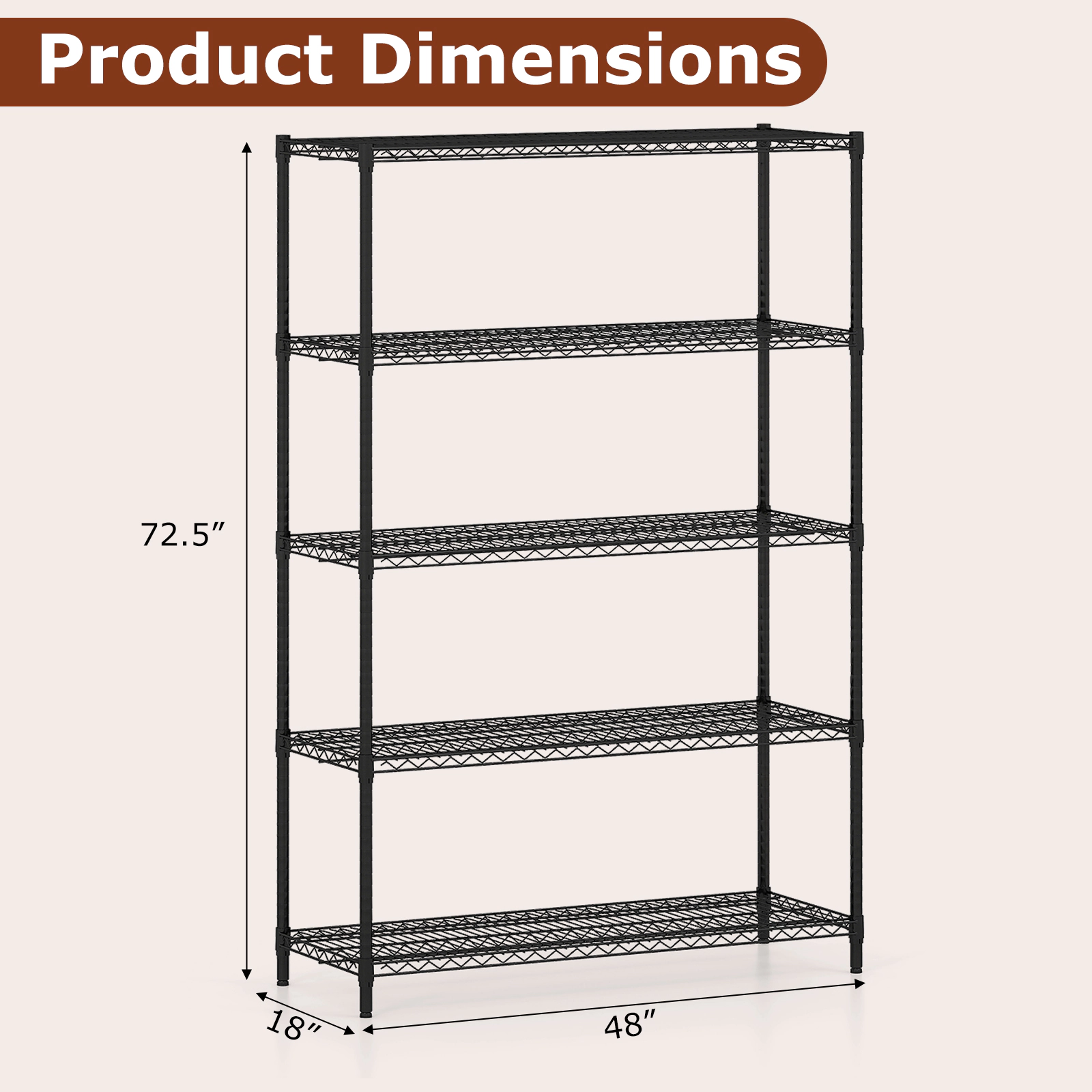 SUGIFT 5-Tier Adjustable Metal Storage Shelving Unit V-Shaped Wire Racks 4000-lb Total Capacity 800-lb Per Shelf Black
