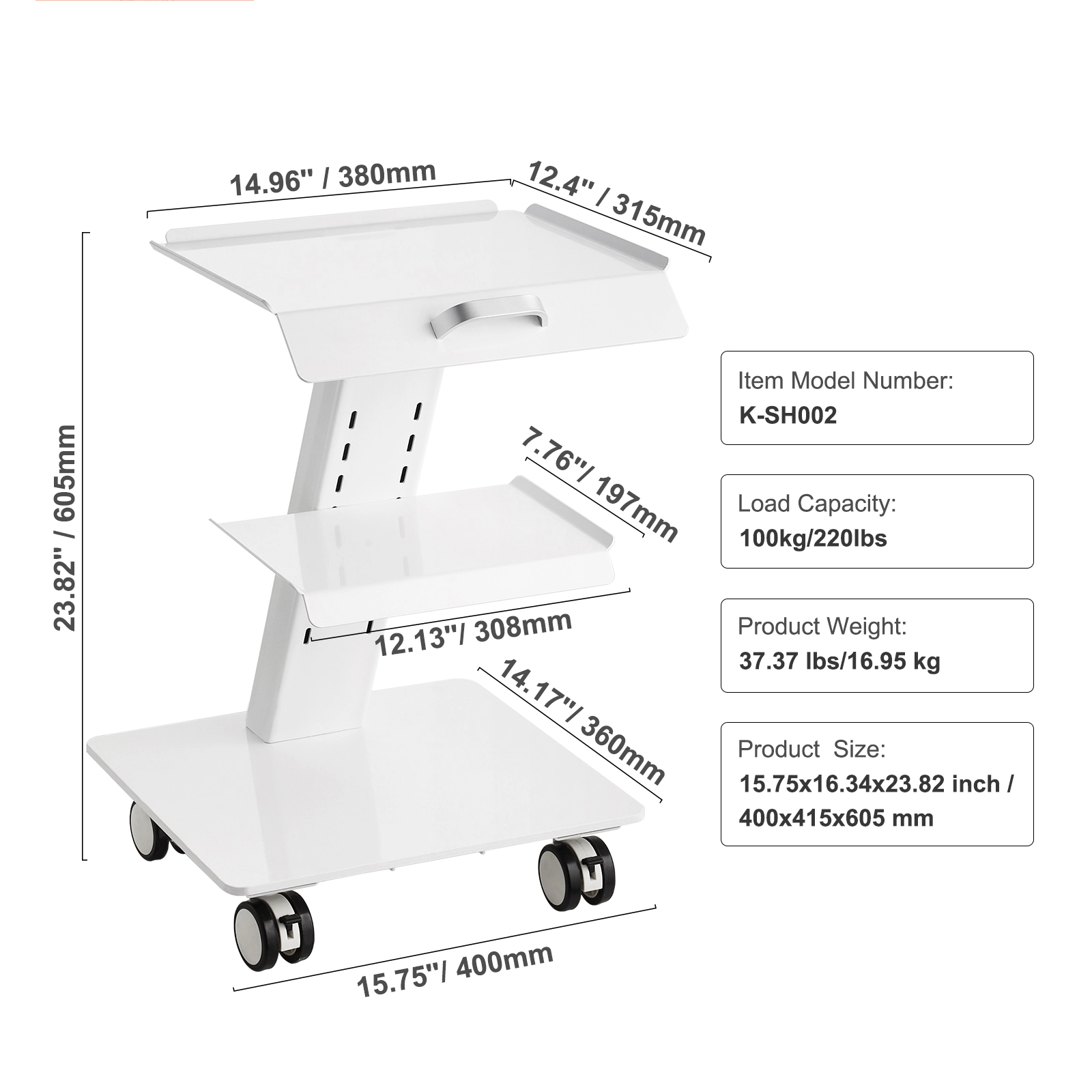 HONGGE 3-Layer Metal Rolling Lab Cart with Swivel Wheels, 220 lbs Capacity for Clinic, Beauty, and Salon