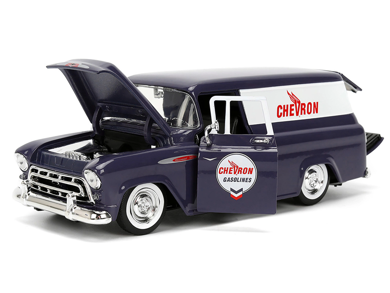 Jada Collectible 1957 Chevrolet Suburban "Chevron" Dark Blue With White Stripes And Gas Pump "Just Trucks" Series