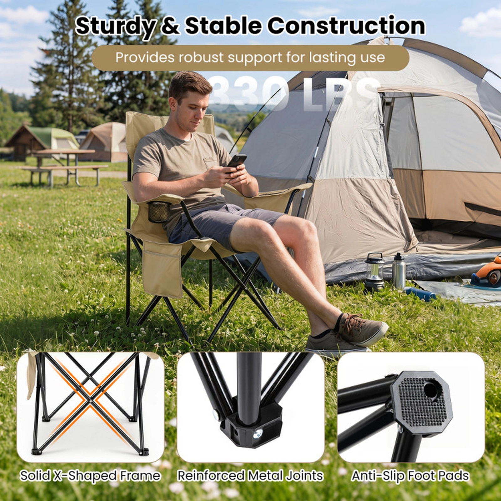 SUGIFT Green Folding Camping Chair with Mesh Backrest and Cooler Bag 35.5-in W 21-in D 37-in H 330-lb Seat Capacity