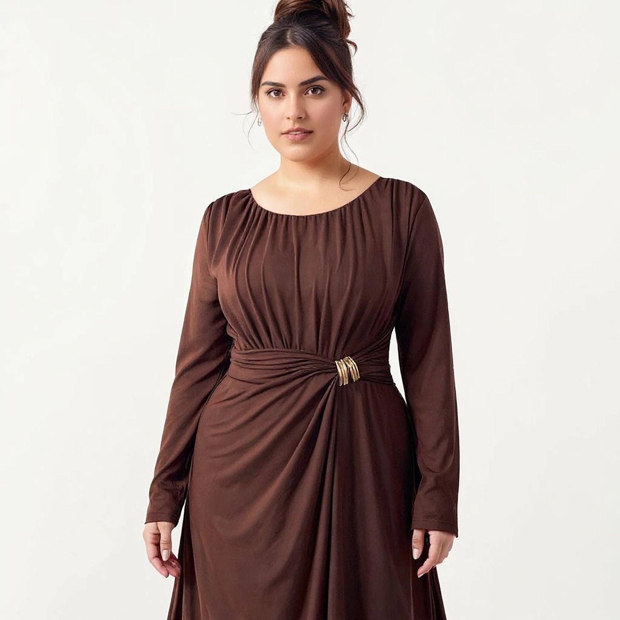 Anna-Kaci Women's Plus Long Sleeve Draped Gathered Waist Elegant Silhouette Maxi Dress