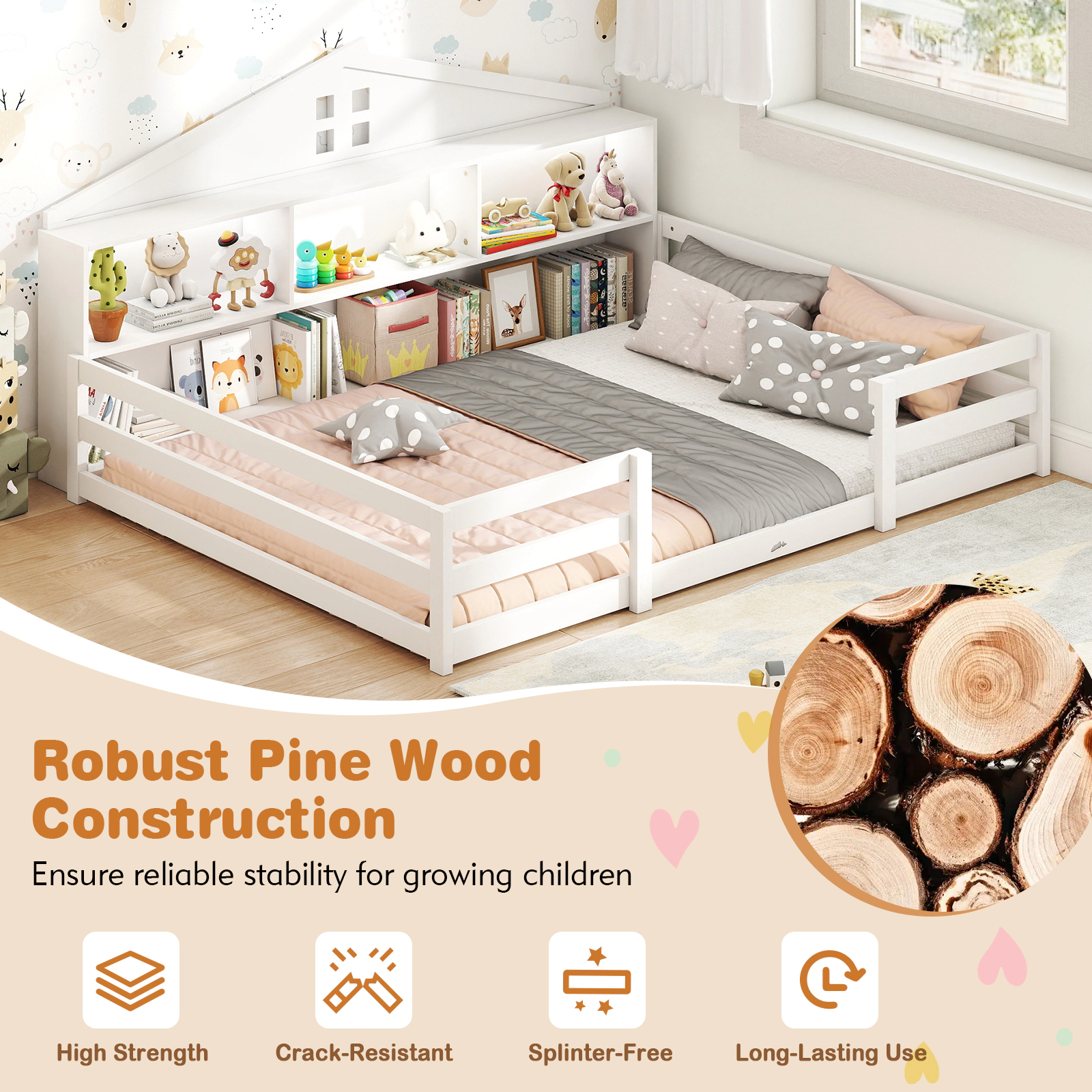 SUGIFT 2-in-1 Montessori Full Floor Bed with Storage Compartments 50-lb Compartment Capacity White/Gray/Natural