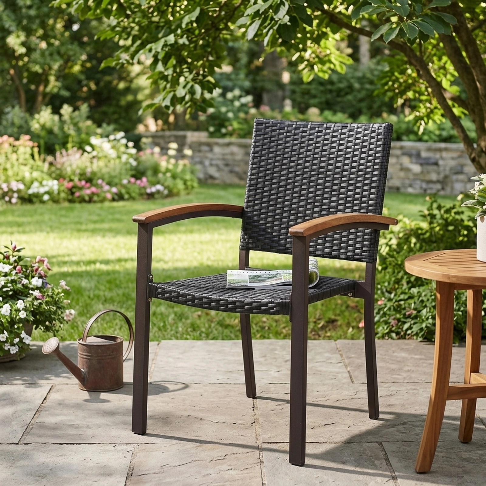 SUGIFT Outdoor Patio Dining Armchairs Set of 2, Stackable PE Rattan Wicker, Acacia Wood Arms