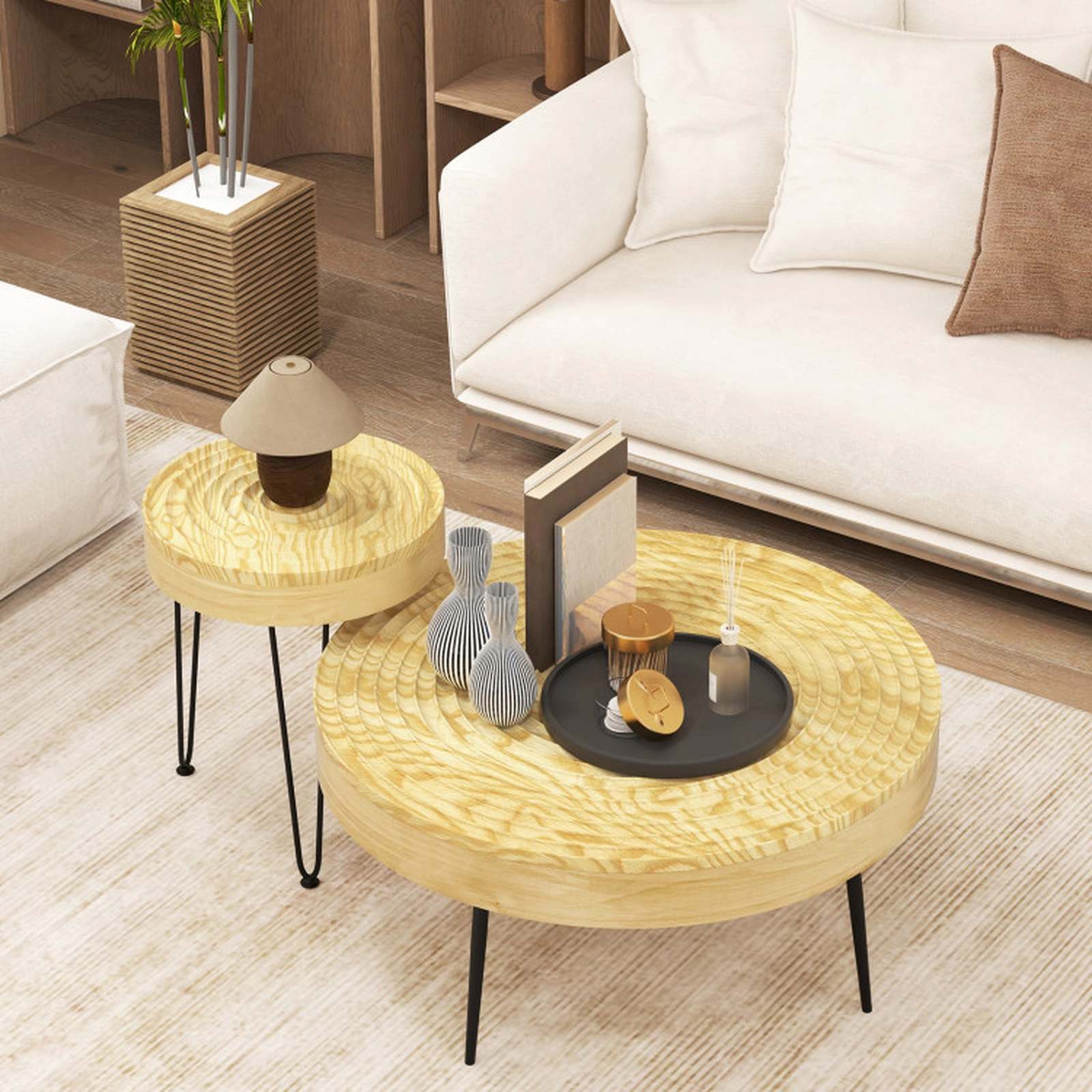 SUGIFT Set of 2 Round Solid Pine Coffee Tables, Ripple Pattern, Natural Finish