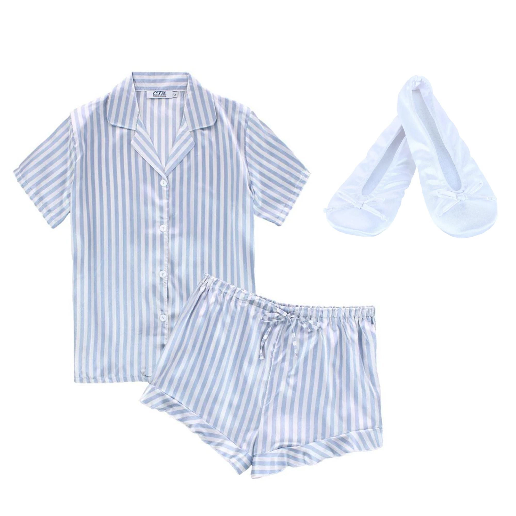 CTM Women's Striped Satin Pajamas and Ballet Slipper Set
