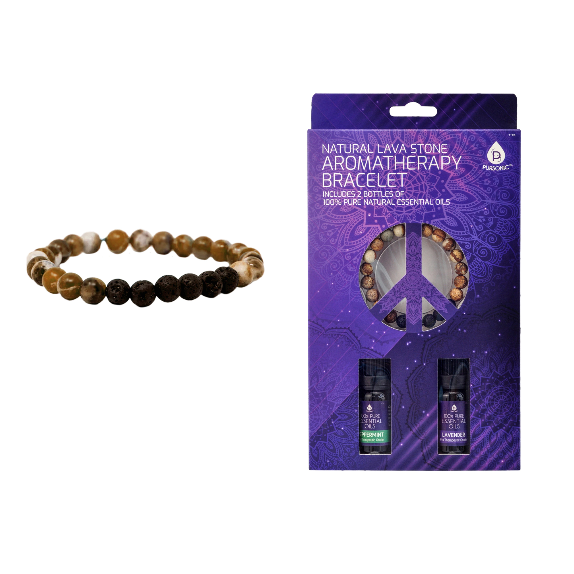 Pursonic Unisex Mindful Energy Jewelry Set – Natural Lava Stone Aromatherapy Bracelet & Trinity Gemstone Necklace