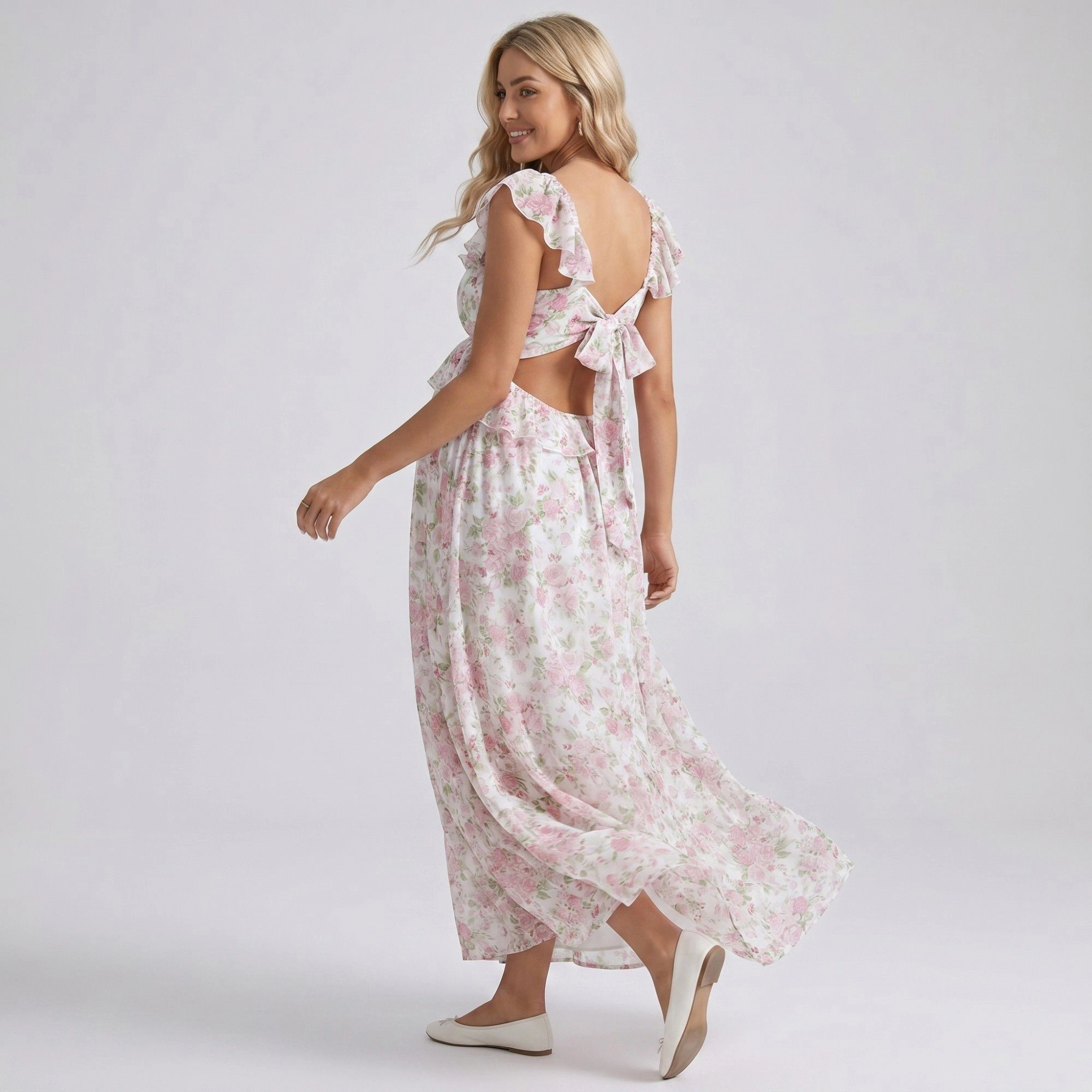 Anna-Kaci Women's Floral Ruffle Sleeve Empire Waist Maternity Maxi Dress